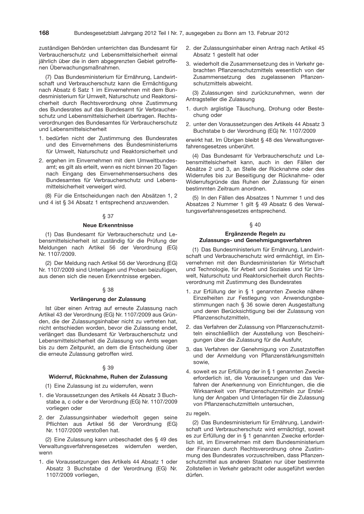 BGBl. 2012, Seite 168 — Originalseite als Abbildung