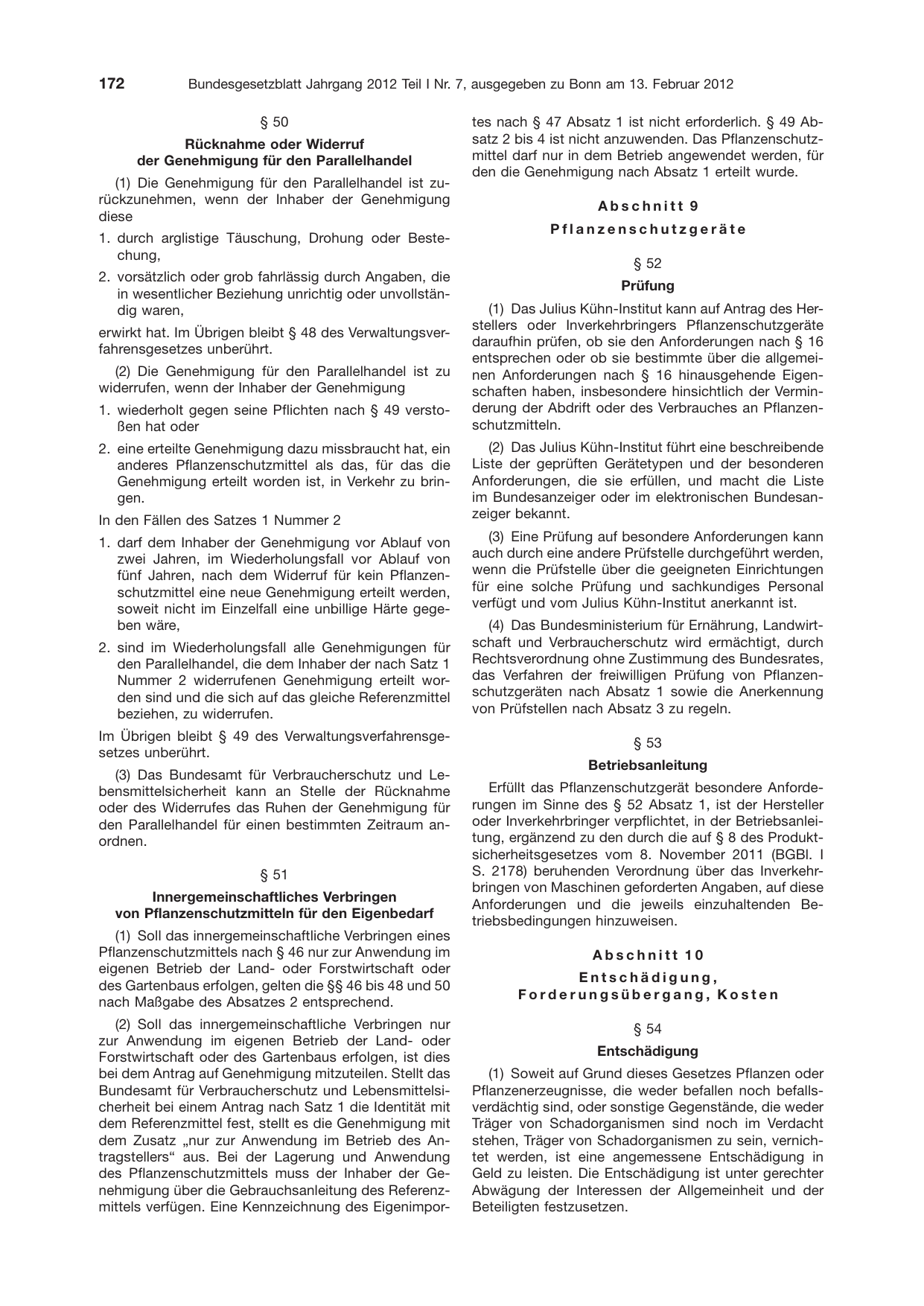 BGBl. 2012, Seite 172 — Originalseite als Abbildung