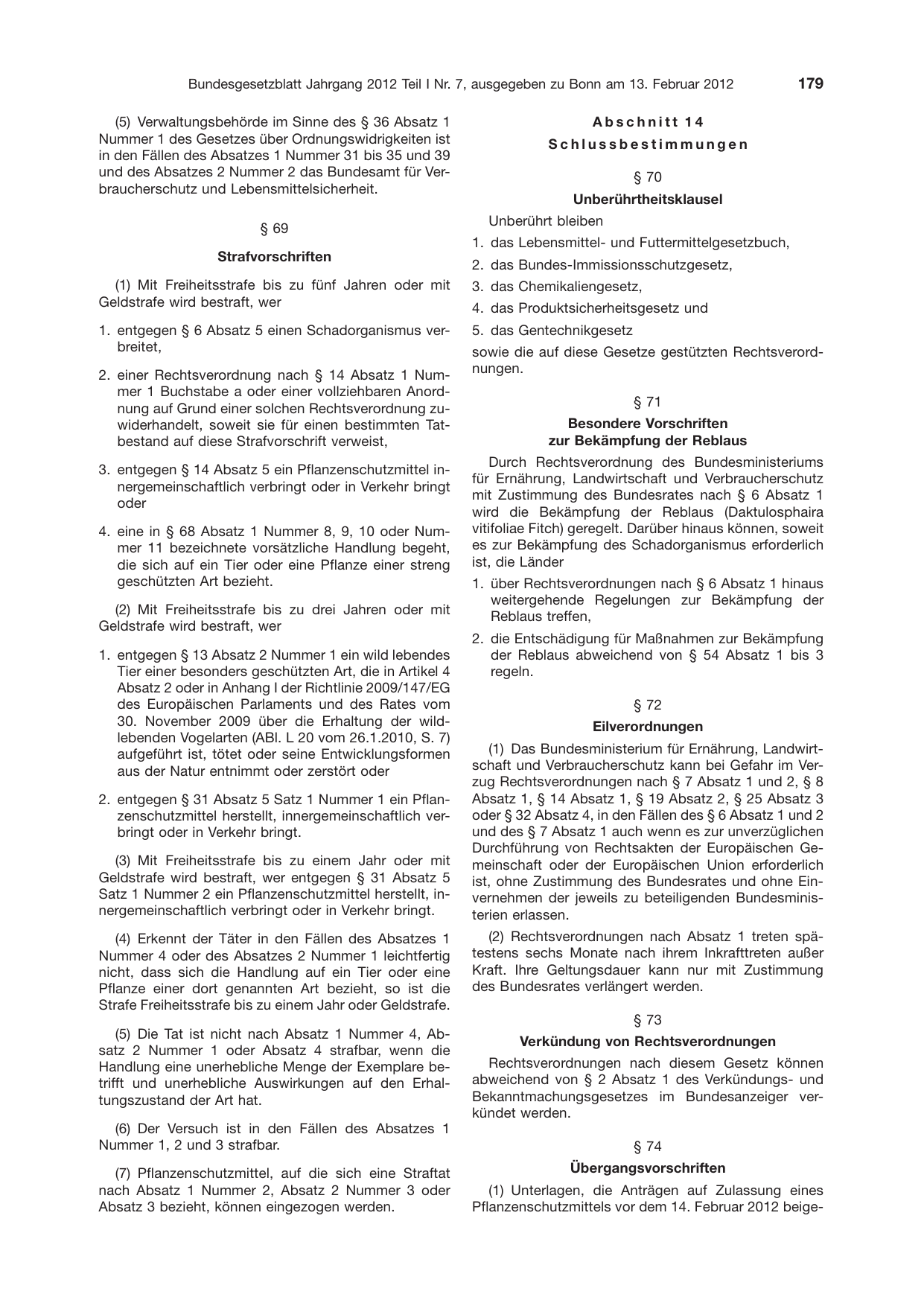 BGBl. 2012, Seite 179 — Originalseite als Abbildung