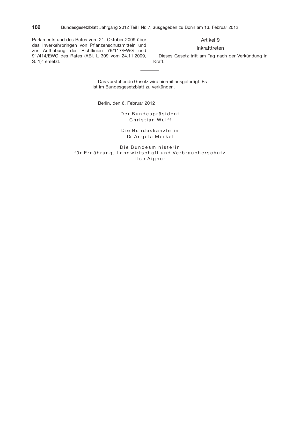 BGBl. 2012, Seite 182 — Originalseite als Abbildung