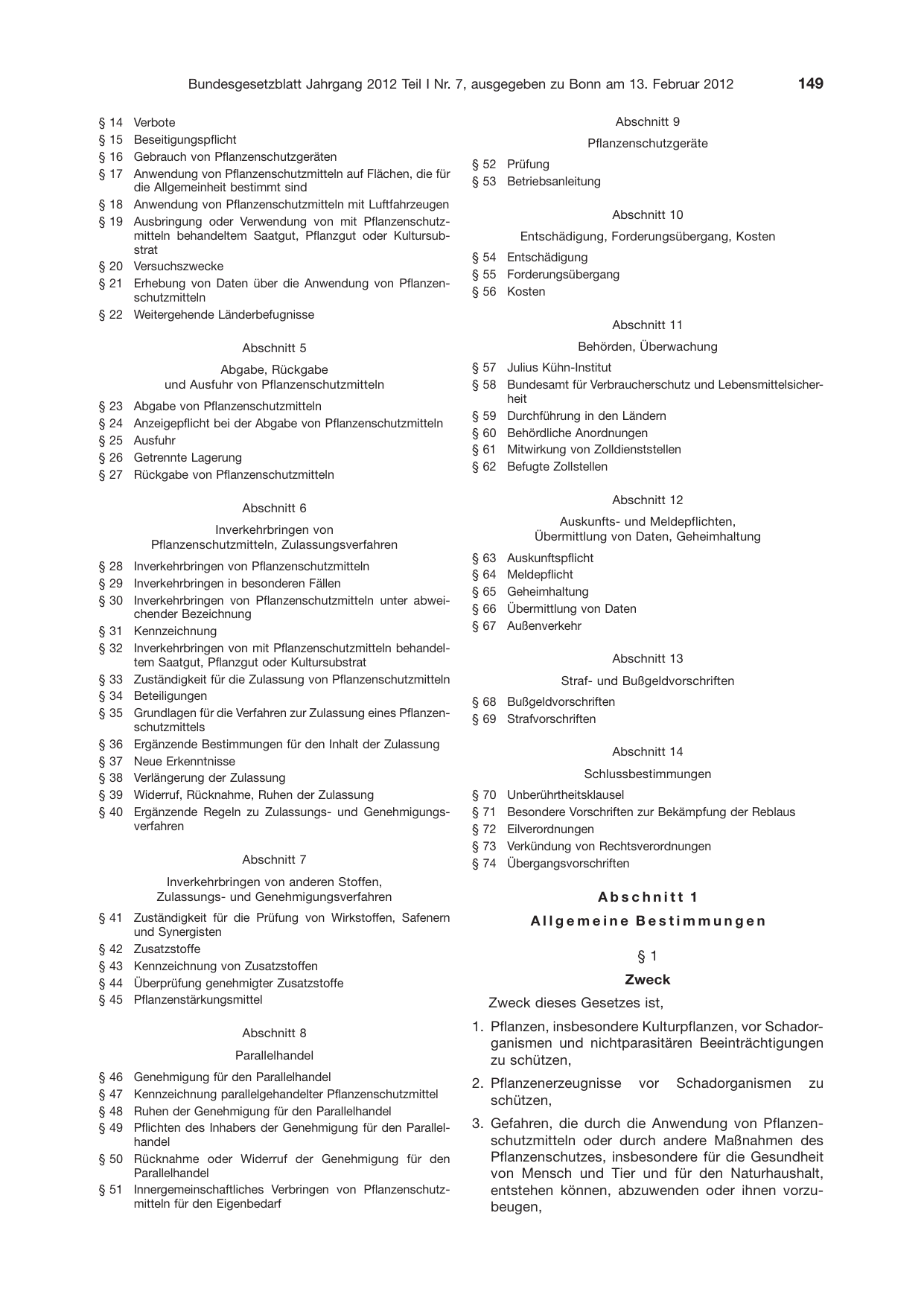 BGBl. 2012, Seite 149 — Originalseite als Abbildung