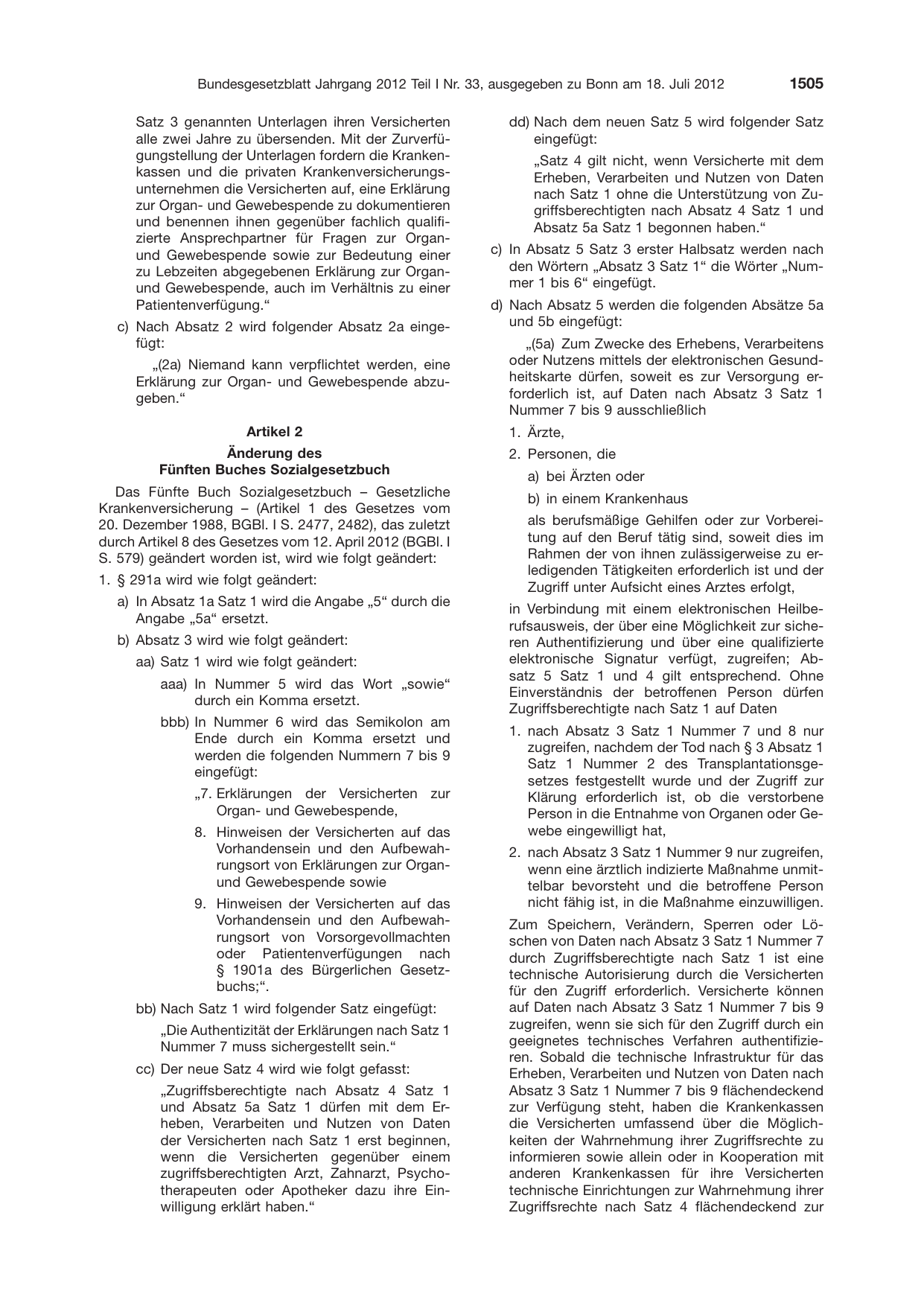 BGBl. 2012, Seite 1505 — Originalseite als Abbildung