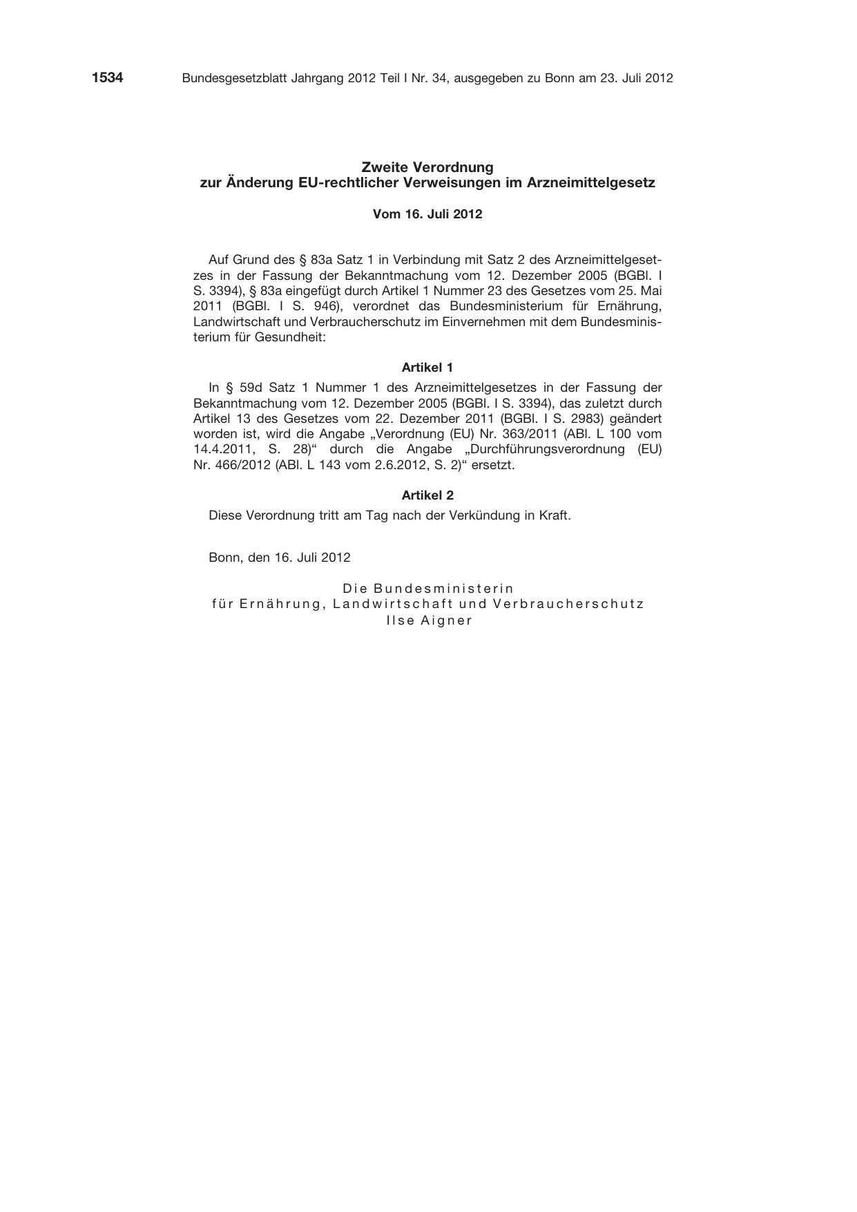 BGBl. 2012, Seite 1534 — Originalseite als Abbildung