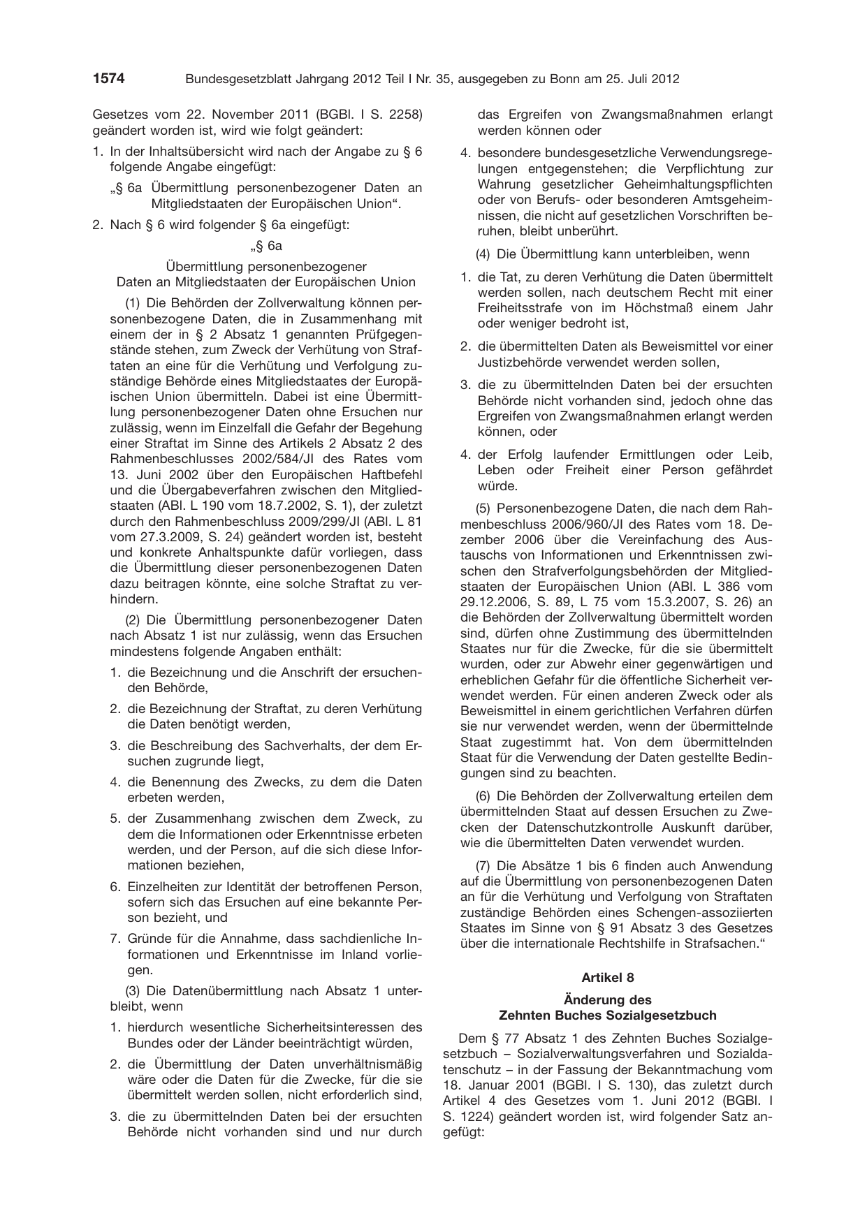 BGBl. 2012, Seite 1574 — Originalseite als Abbildung