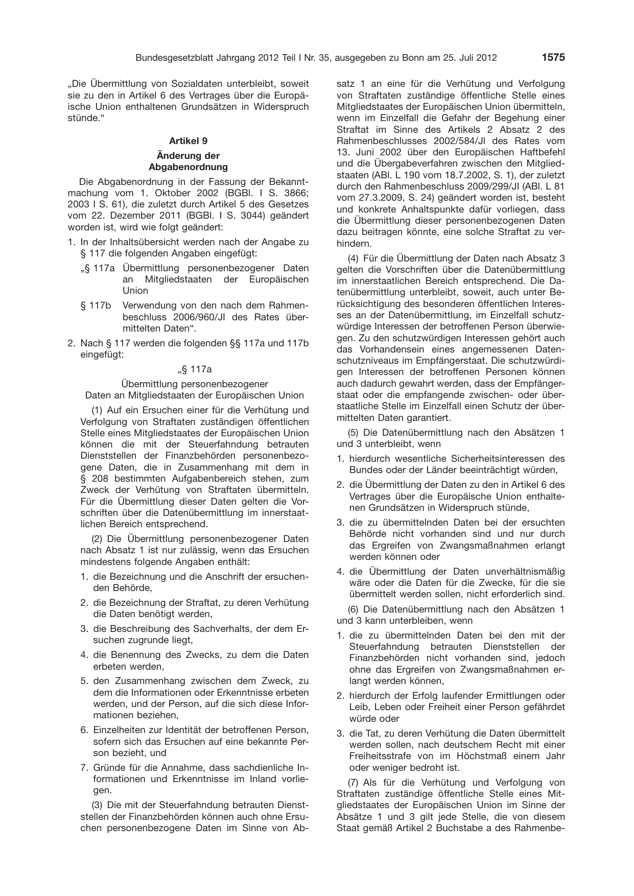 BGBl. 2012, Seite 1575 — Originalseite als Abbildung