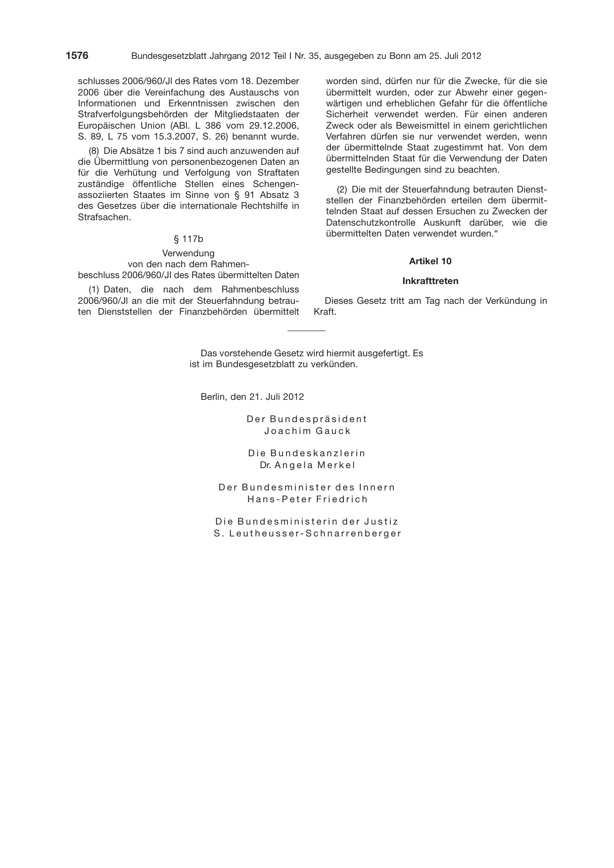 BGBl. 2012, Seite 1576 — Originalseite als Abbildung