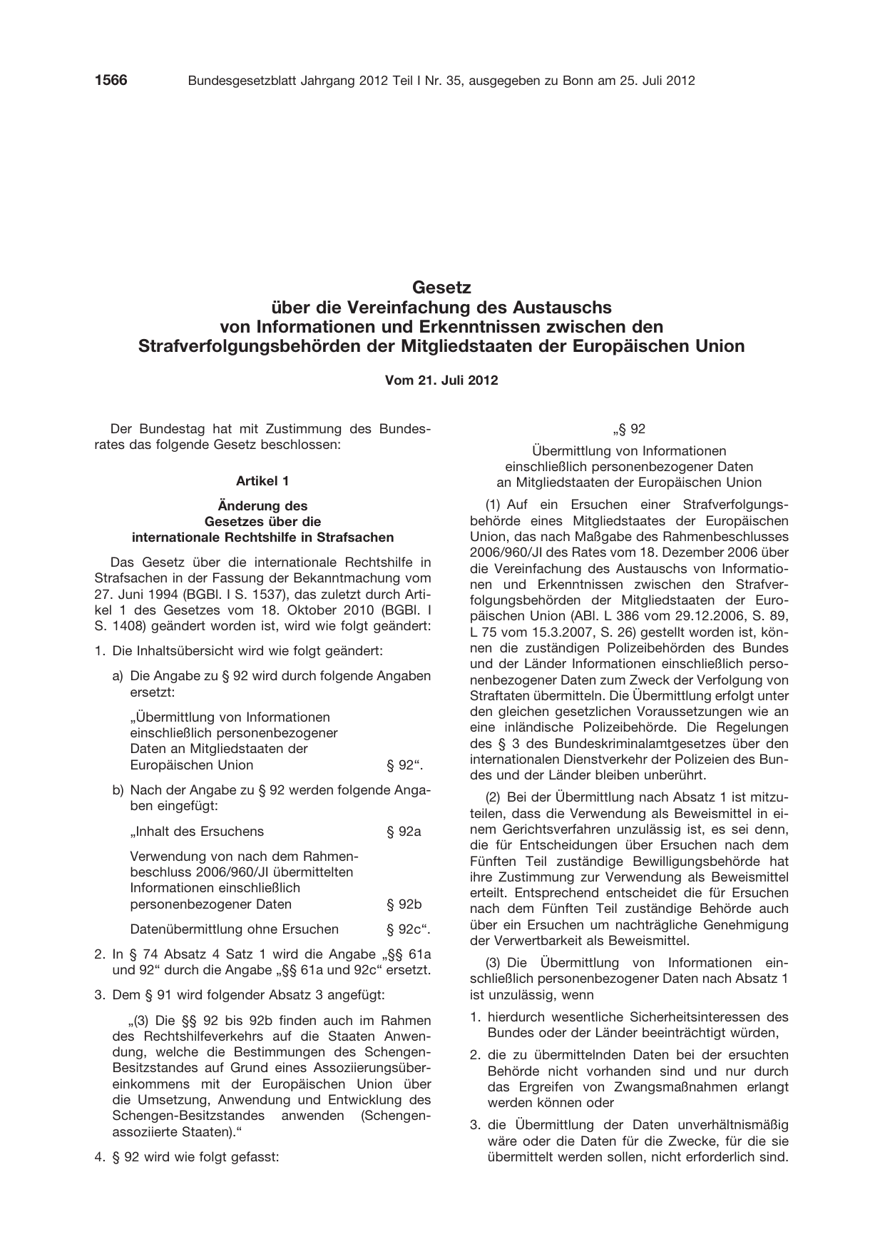 BGBl. 2012, Seite 1566 — Originalseite als Abbildung