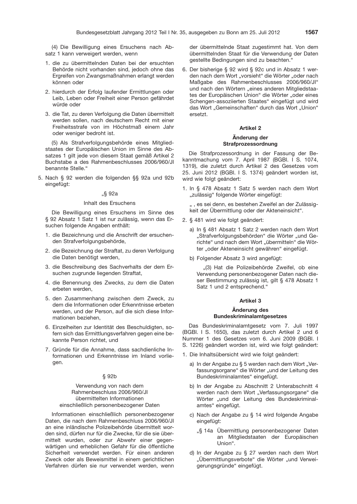 BGBl. 2012, Seite 1567 — Originalseite als Abbildung