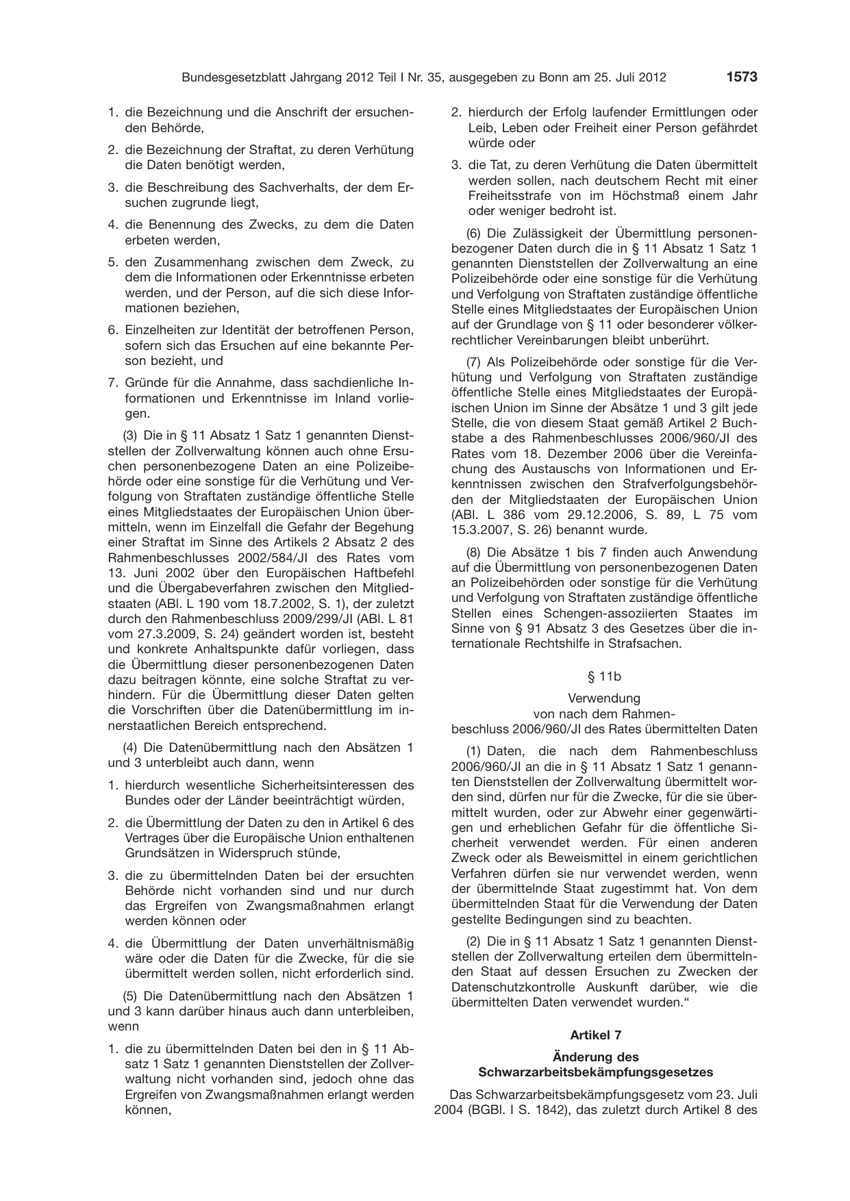 BGBl. 2012, Seite 1573 — Originalseite als Abbildung