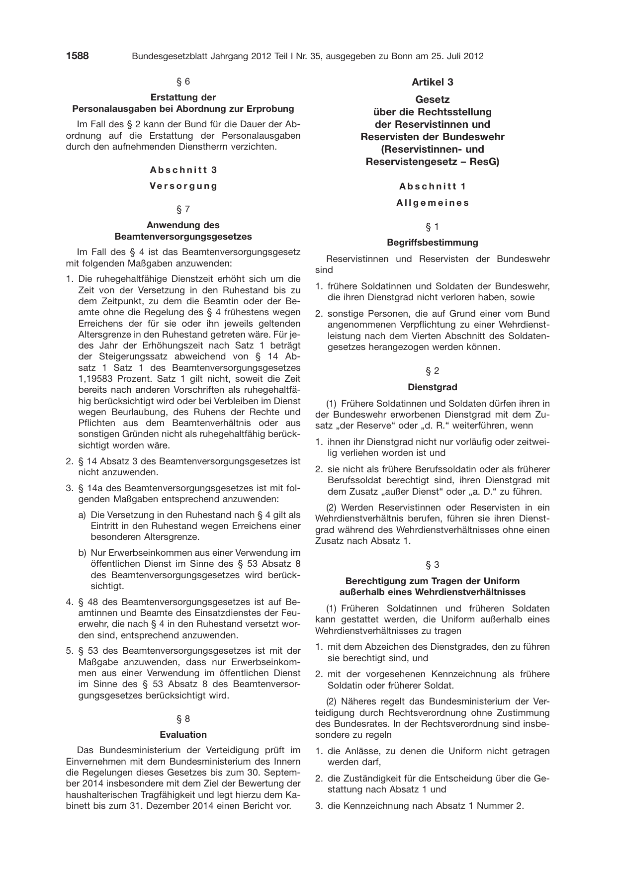 BGBl. 2012, Seite 1588 — Originalseite als Abbildung