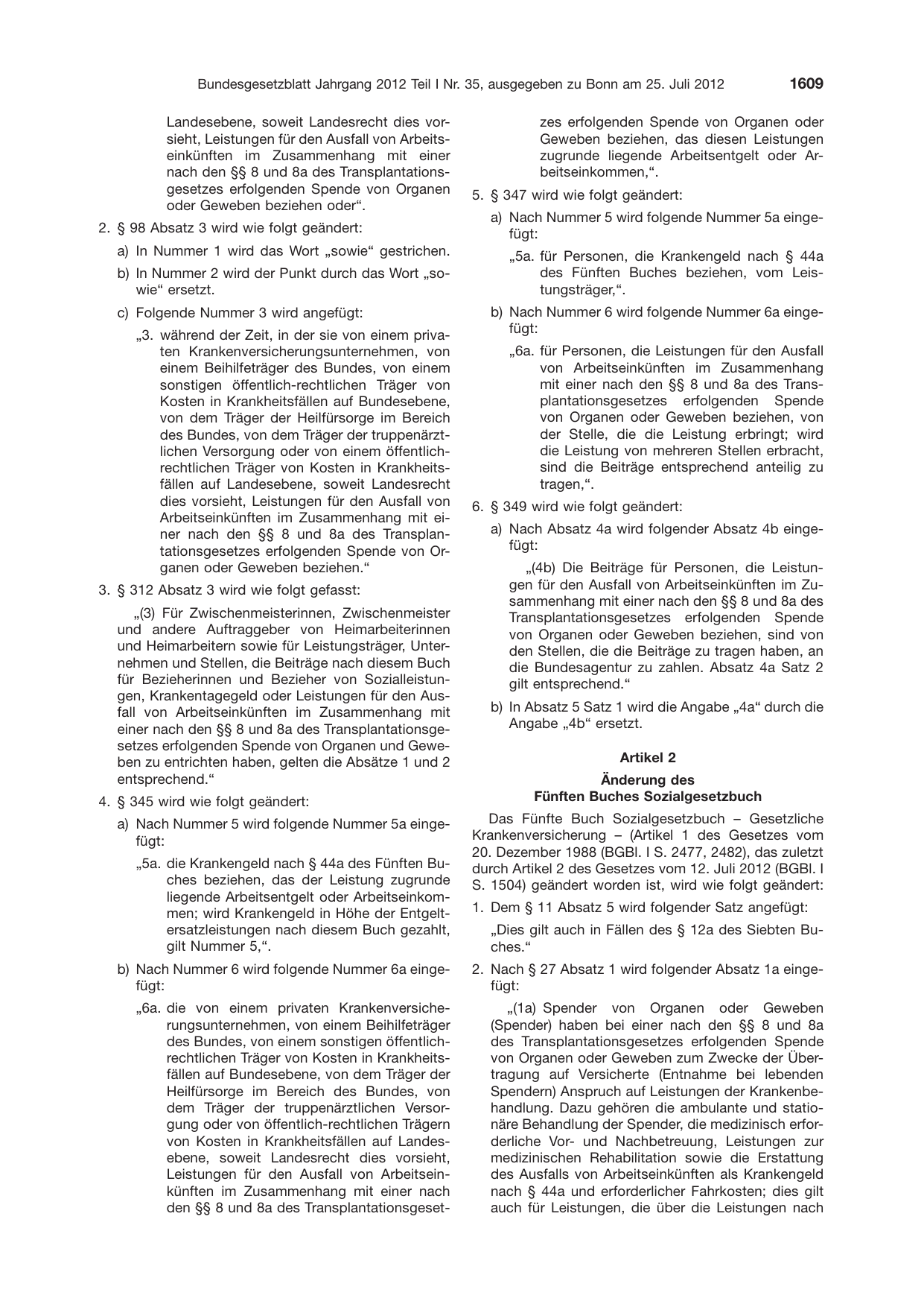 BGBl. 2012, Seite 1609 — Originalseite als Abbildung