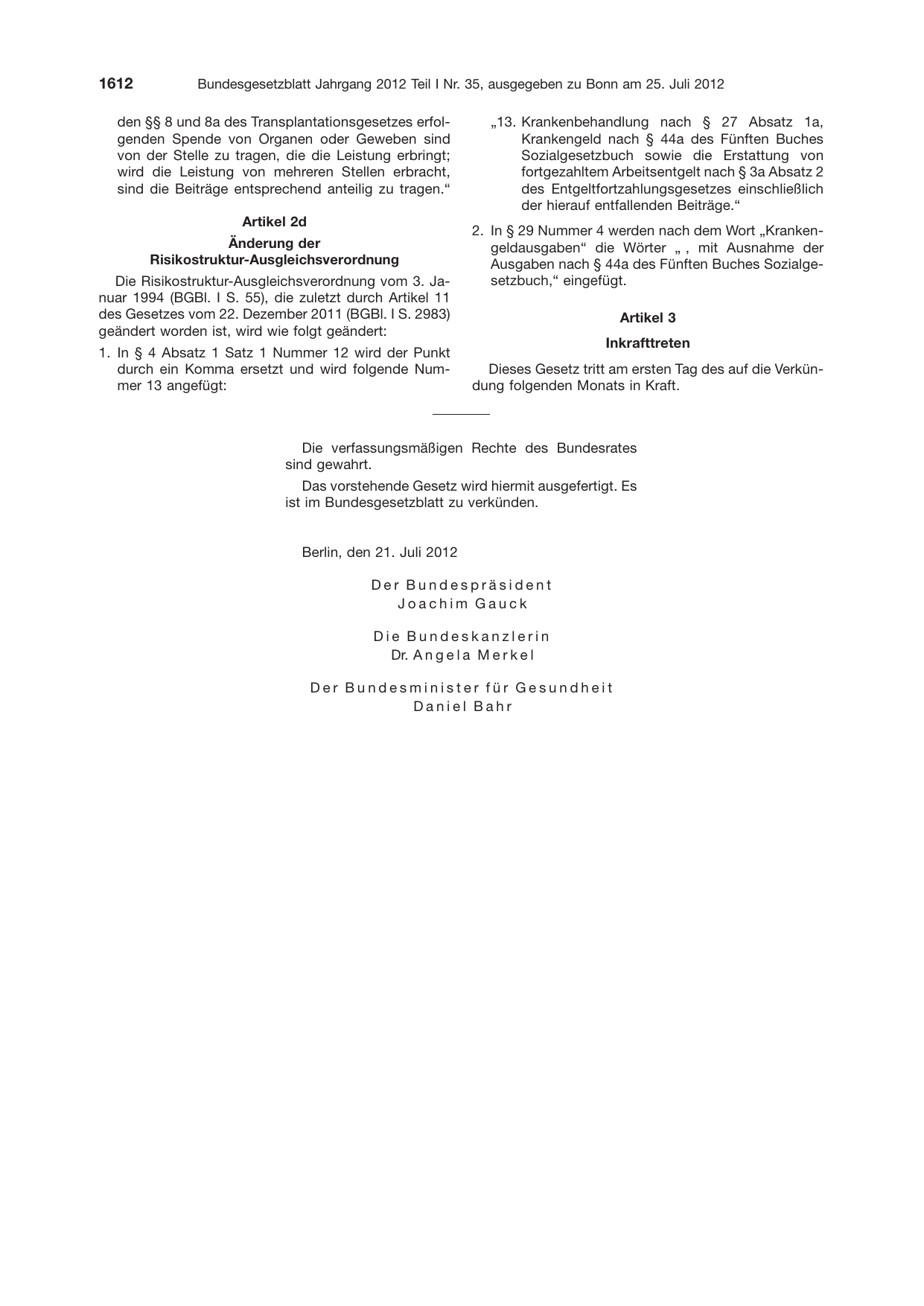 BGBl. 2012, Seite 1612 — Originalseite als Abbildung