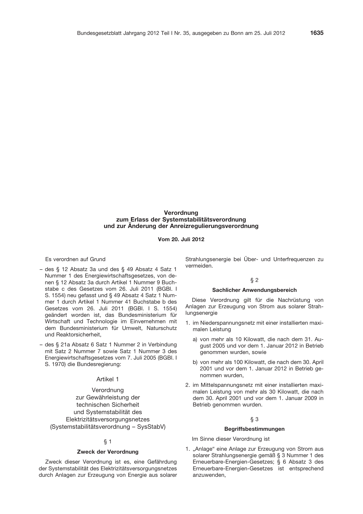 BGBl. 2012, Seite 1635 — Originalseite als Abbildung