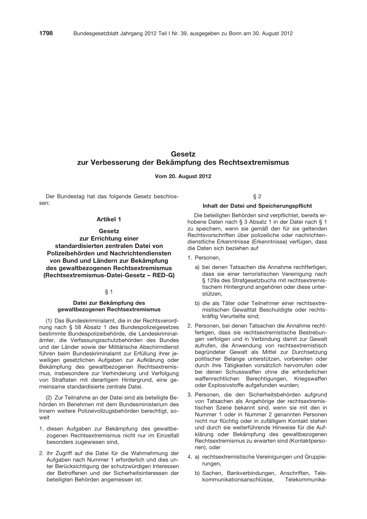 BGBl. 2012, Seite 1798 — Originalseite als Abbildung