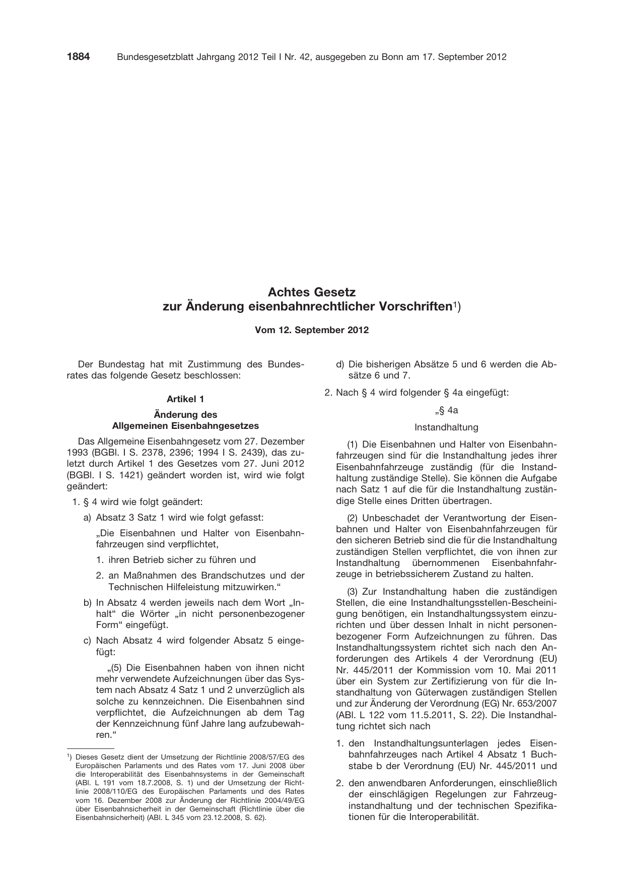 BGBl. 2012, Seite 1884 — Originalseite als Abbildung