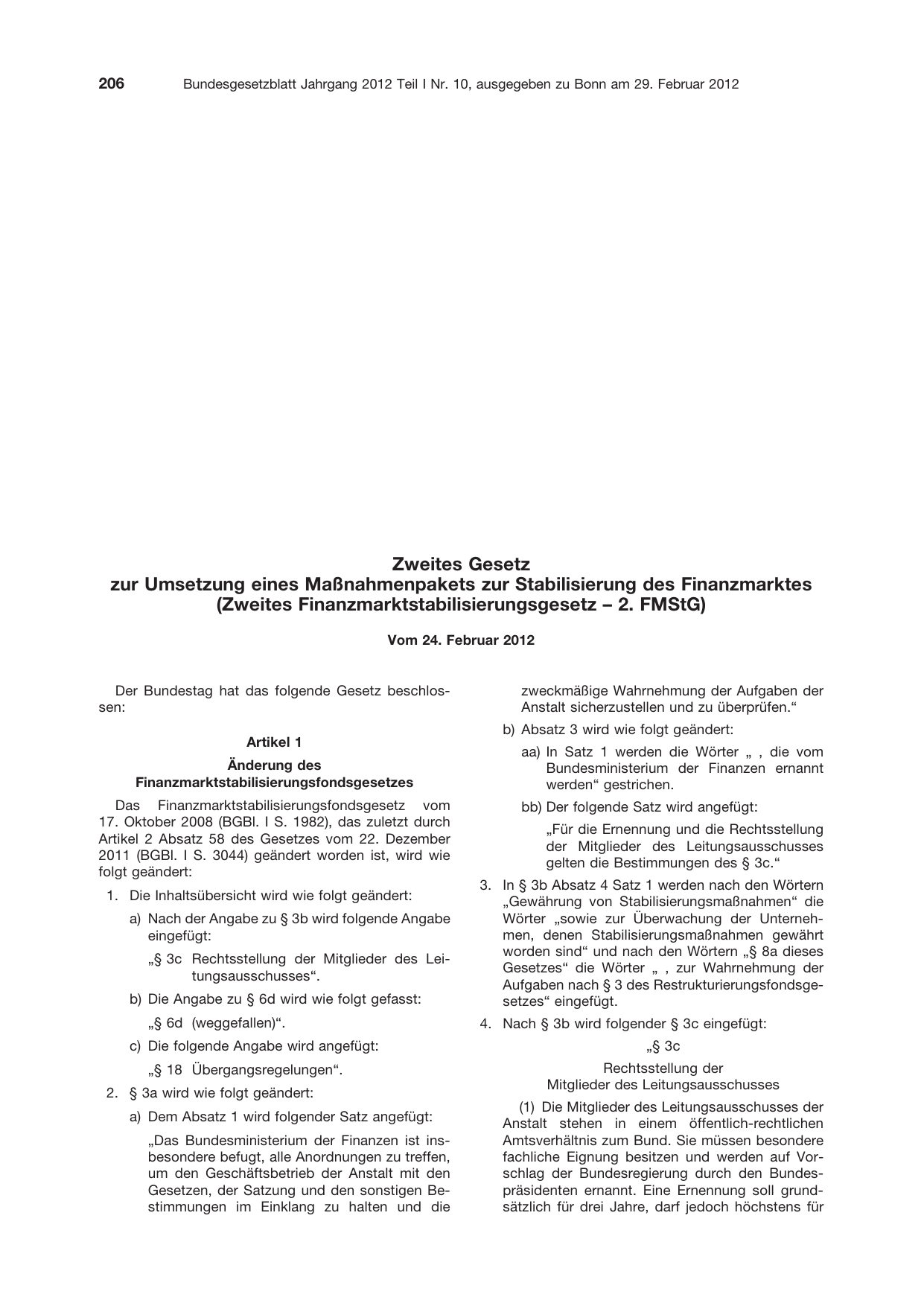 BGBl. 2012, Seite 206 — Originalseite als Abbildung