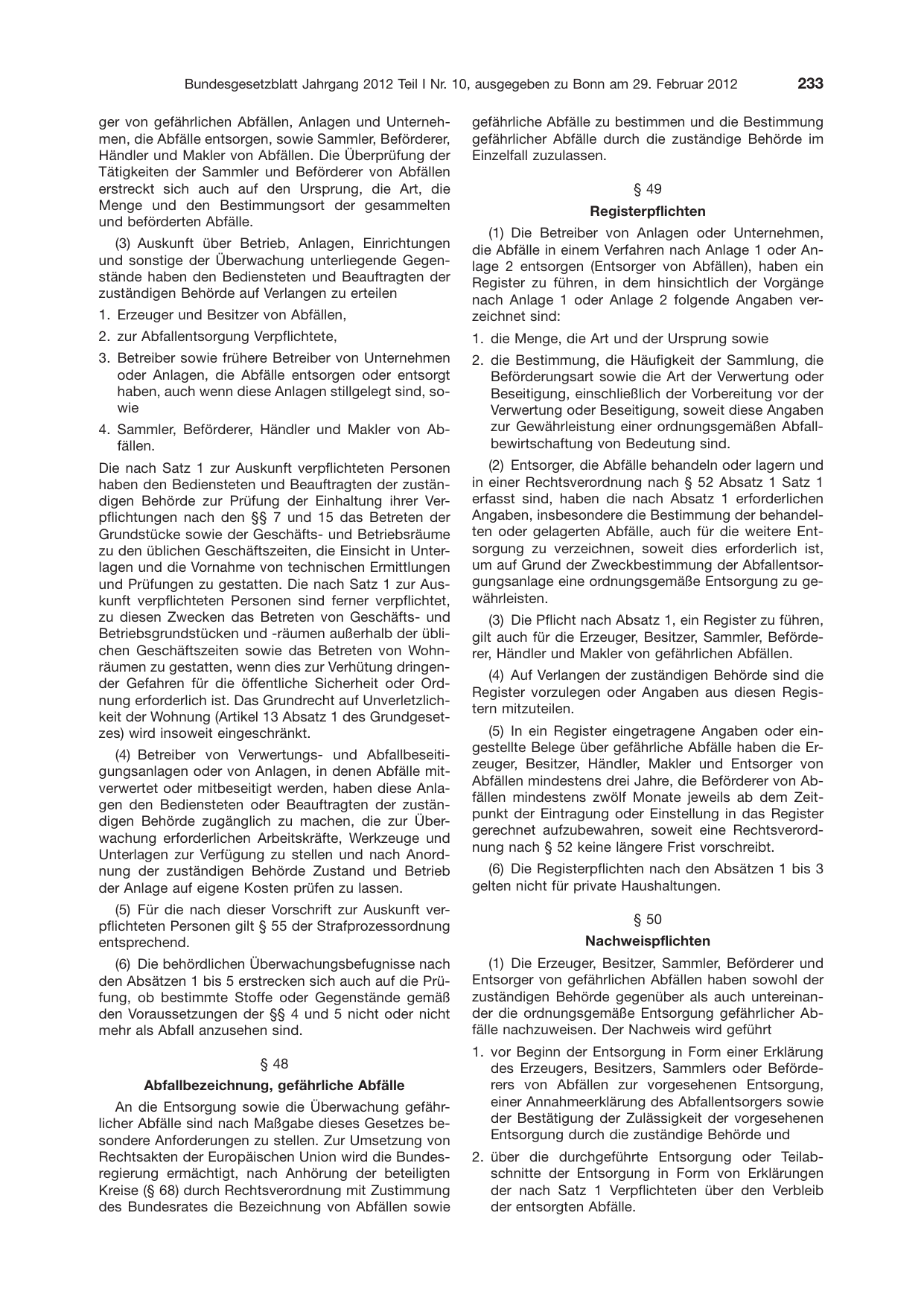 BGBl. 2012, Seite 233 — Originalseite als Abbildung