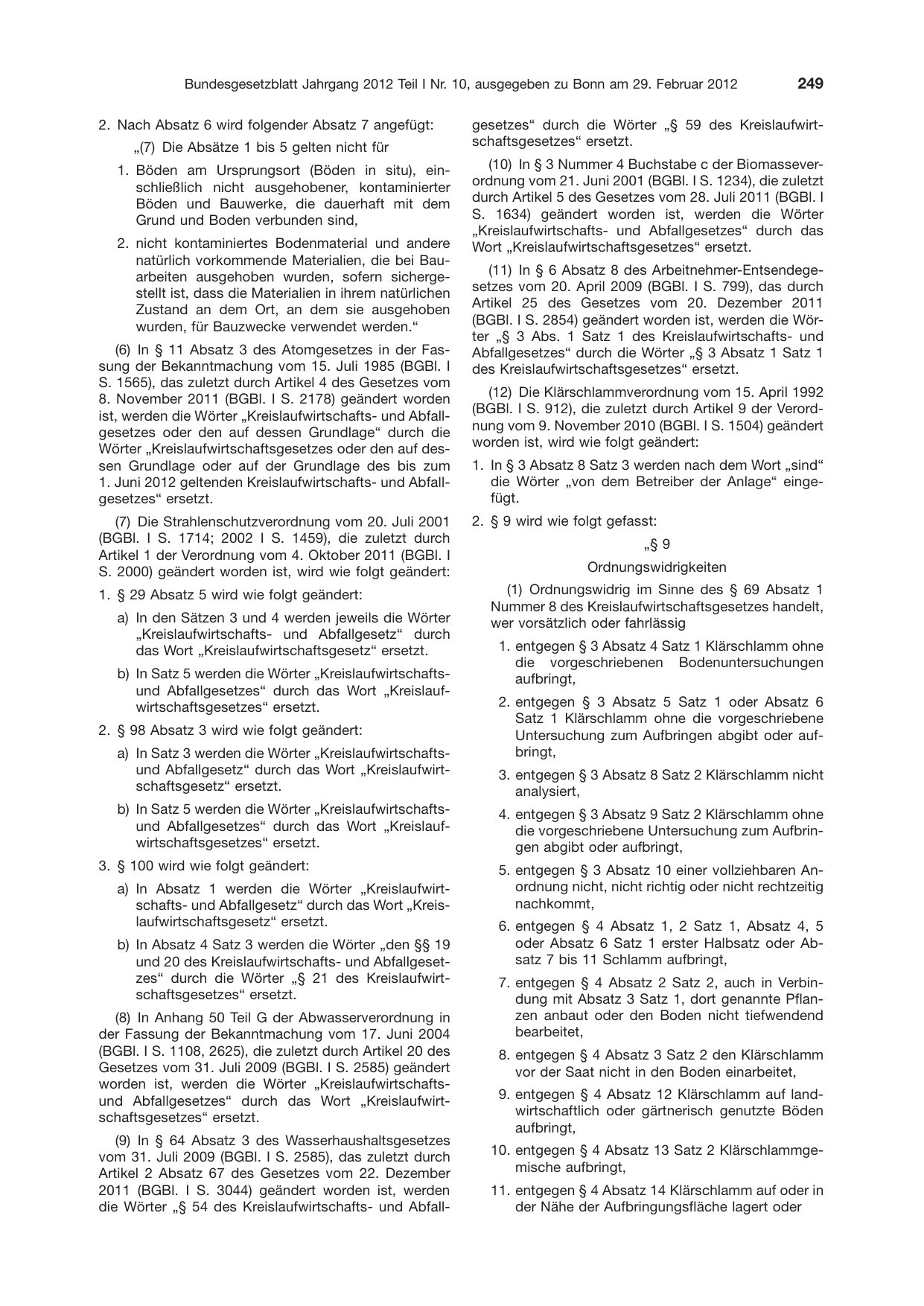 BGBl. 2012, Seite 249 — Originalseite als Abbildung
