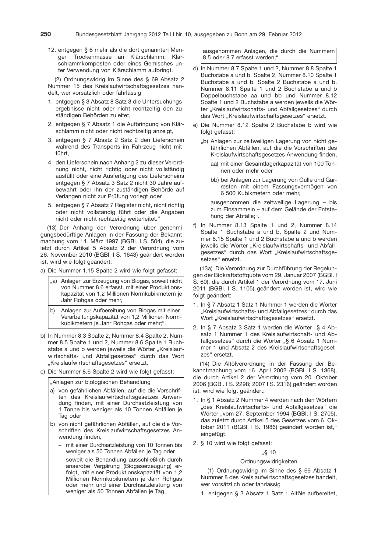 BGBl. 2012, Seite 250 — Originalseite als Abbildung