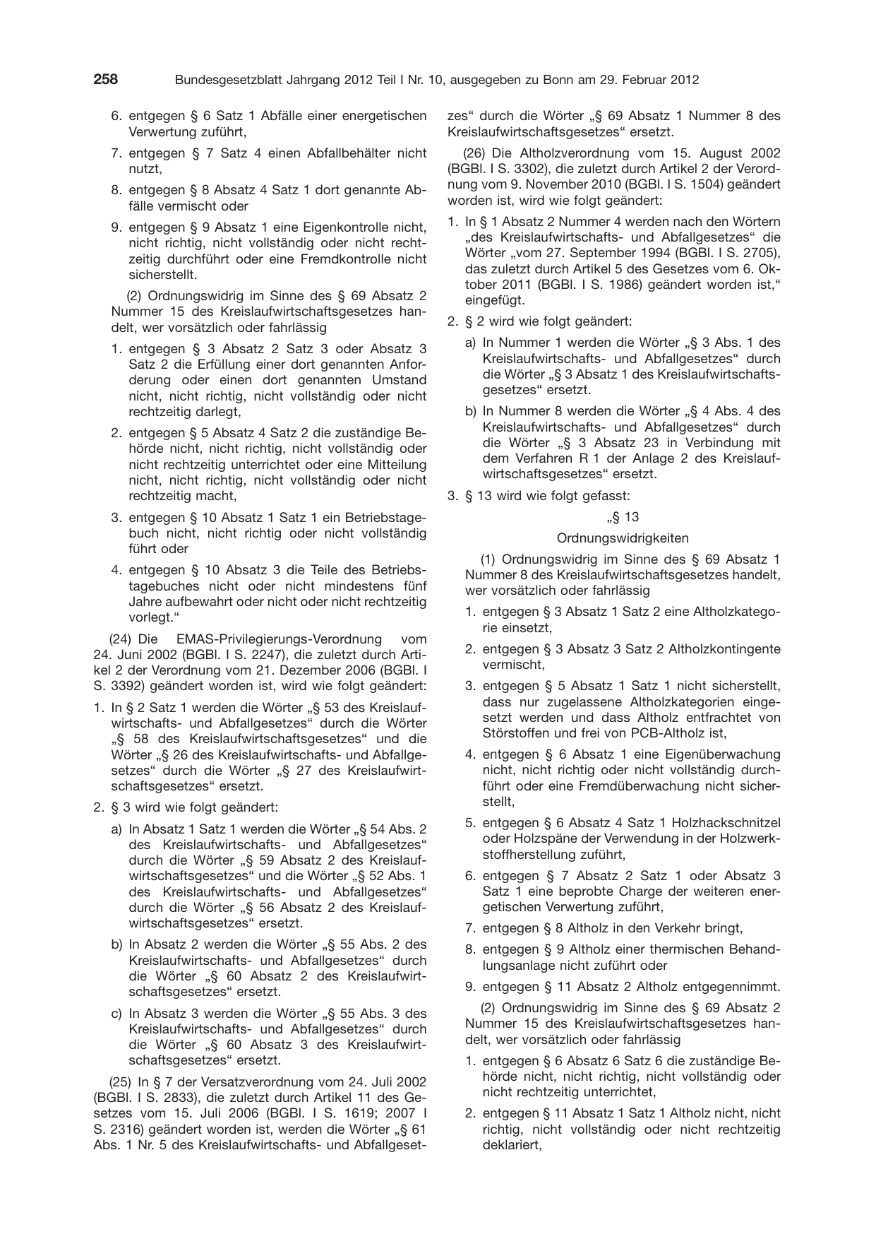 BGBl. 2012, Seite 258 — Originalseite als Abbildung