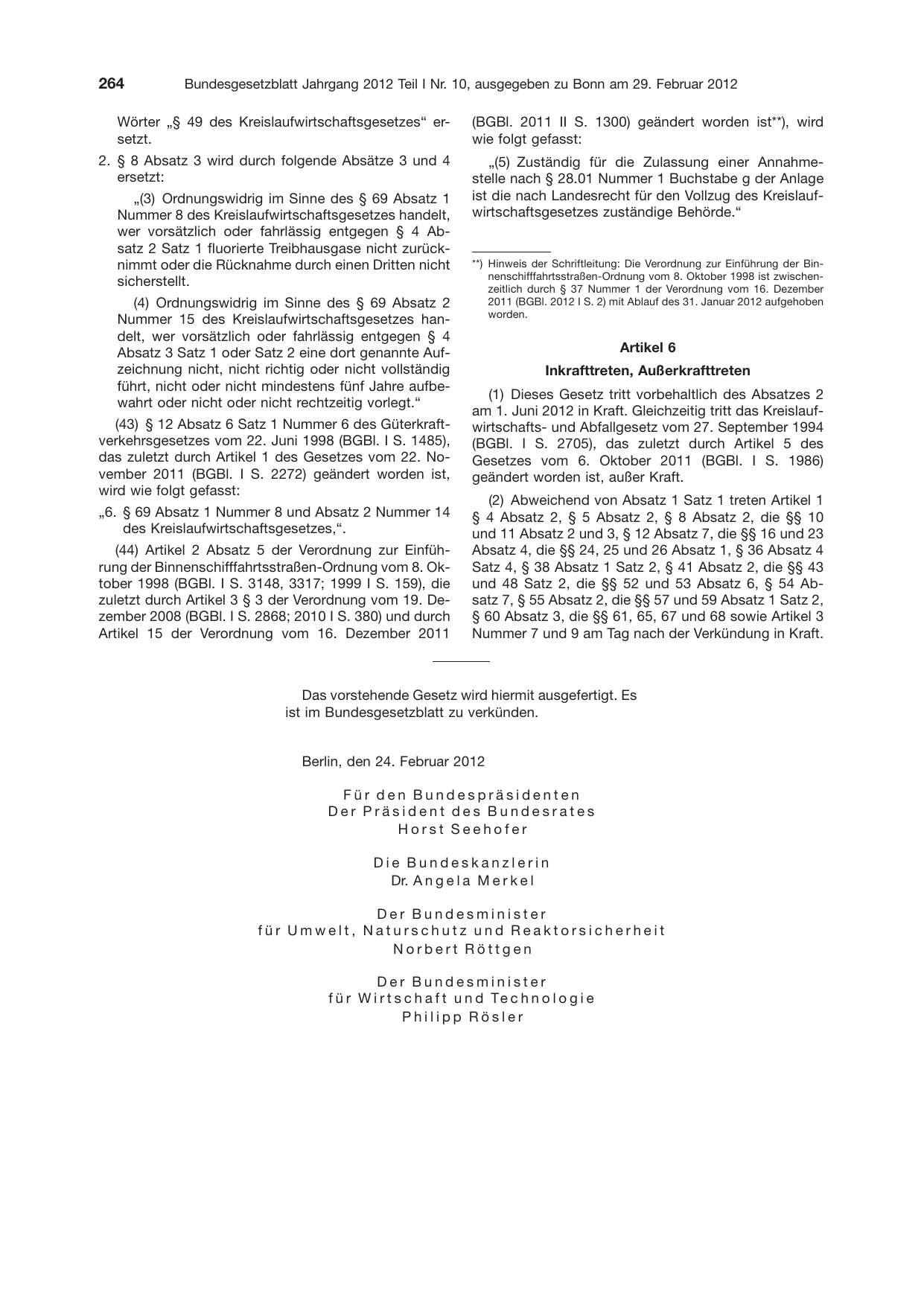 BGBl. 2012, Seite 264 — Originalseite als Abbildung