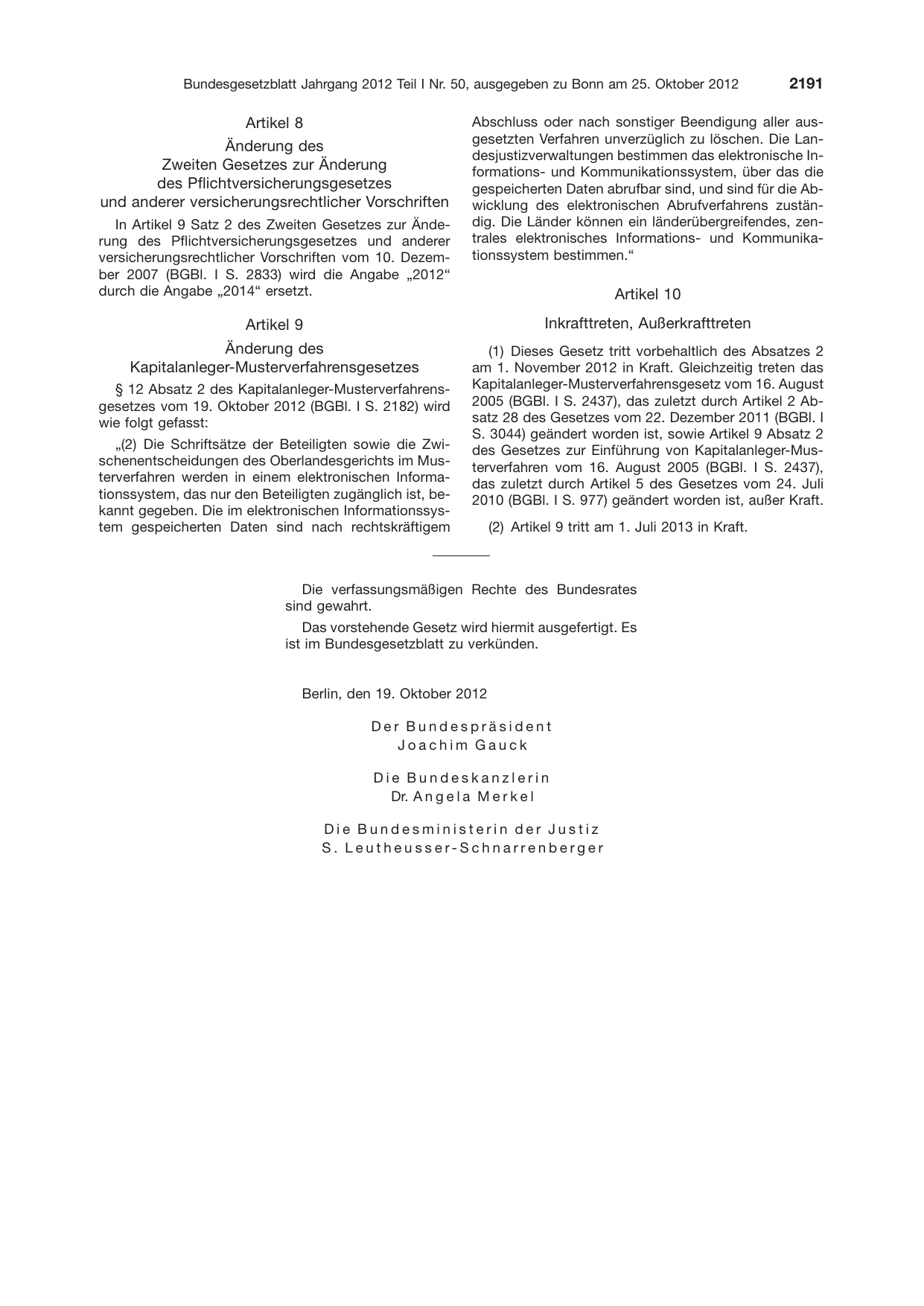 BGBl. 2012, Seite 2191 — Originalseite als Abbildung