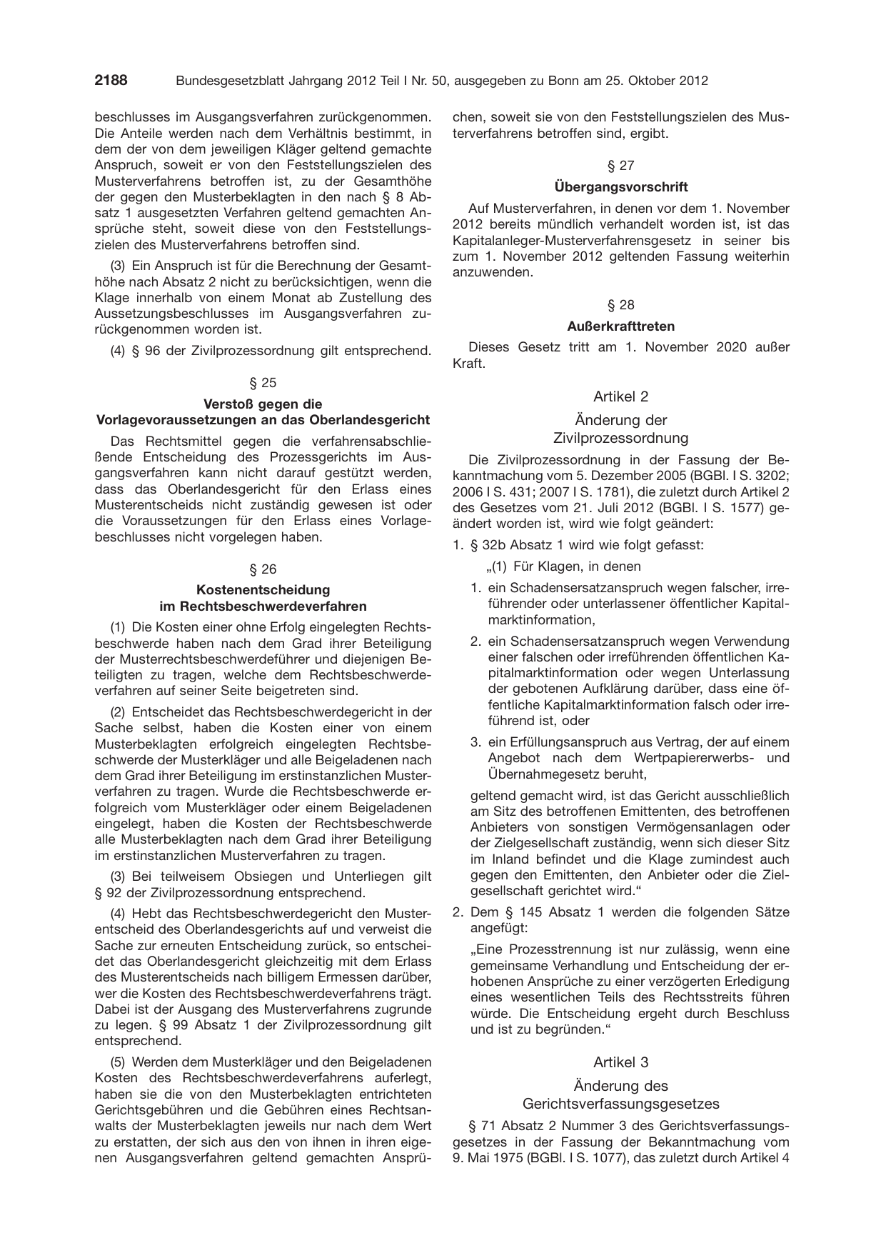 BGBl. 2012, Seite 2188 — Originalseite als Abbildung