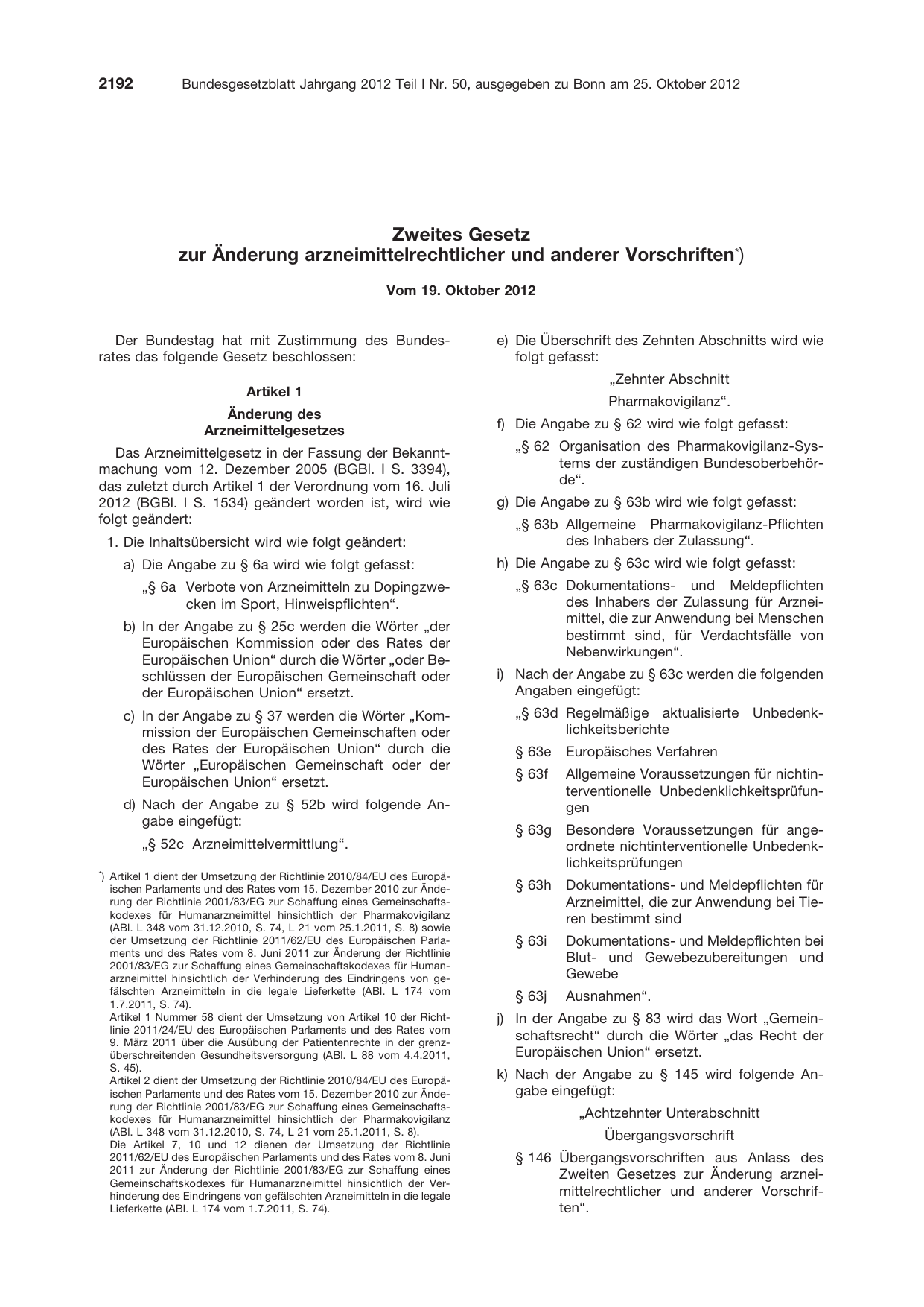 BGBl. 2012, Seite 2192 — Originalseite als Abbildung