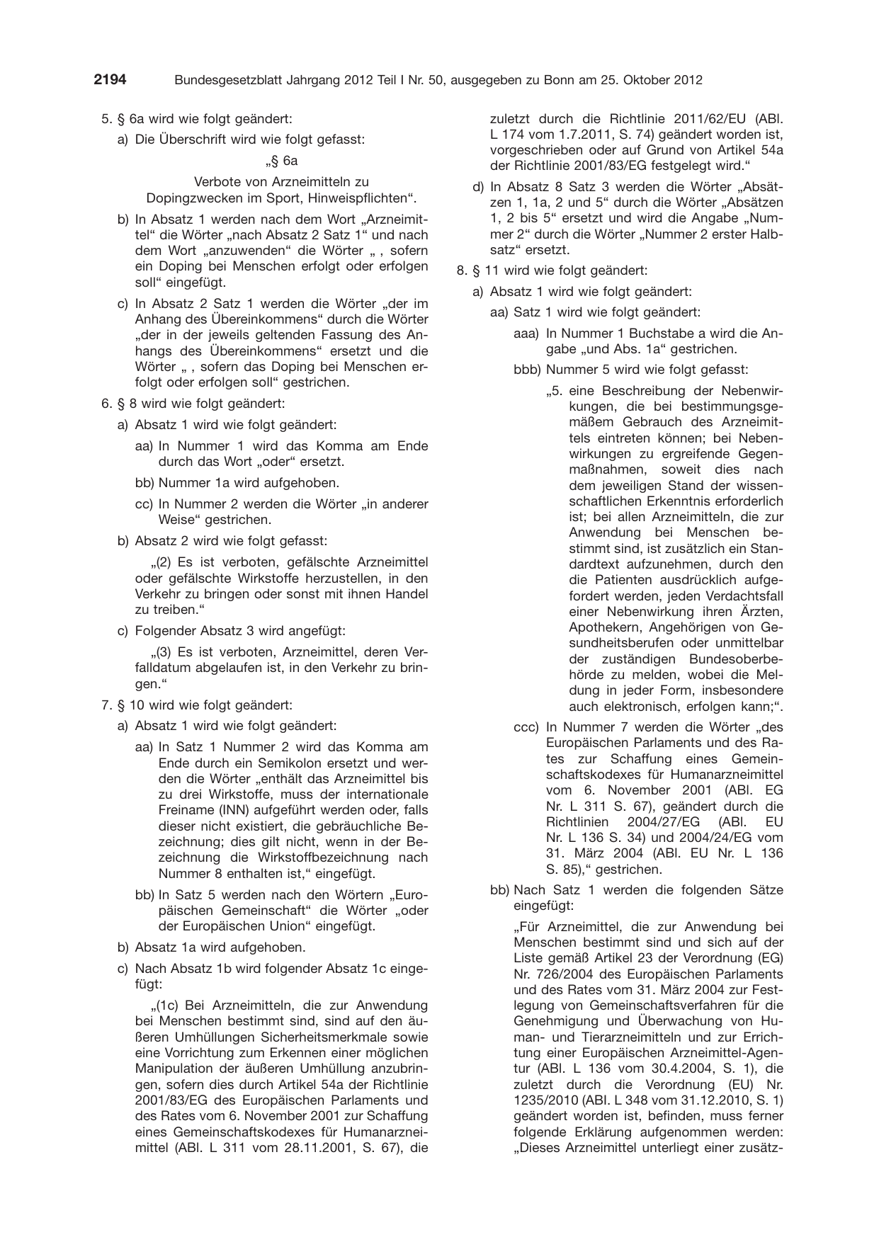 BGBl. 2012, Seite 2194 — Originalseite als Abbildung
