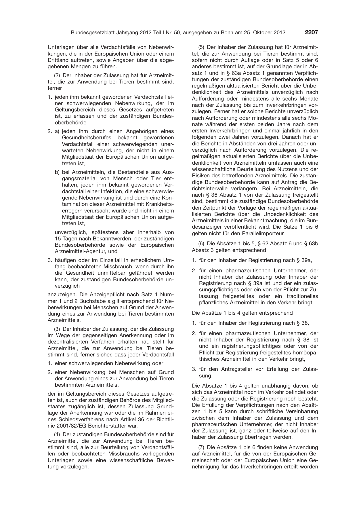 BGBl. 2012, Seite 2207 — Originalseite als Abbildung