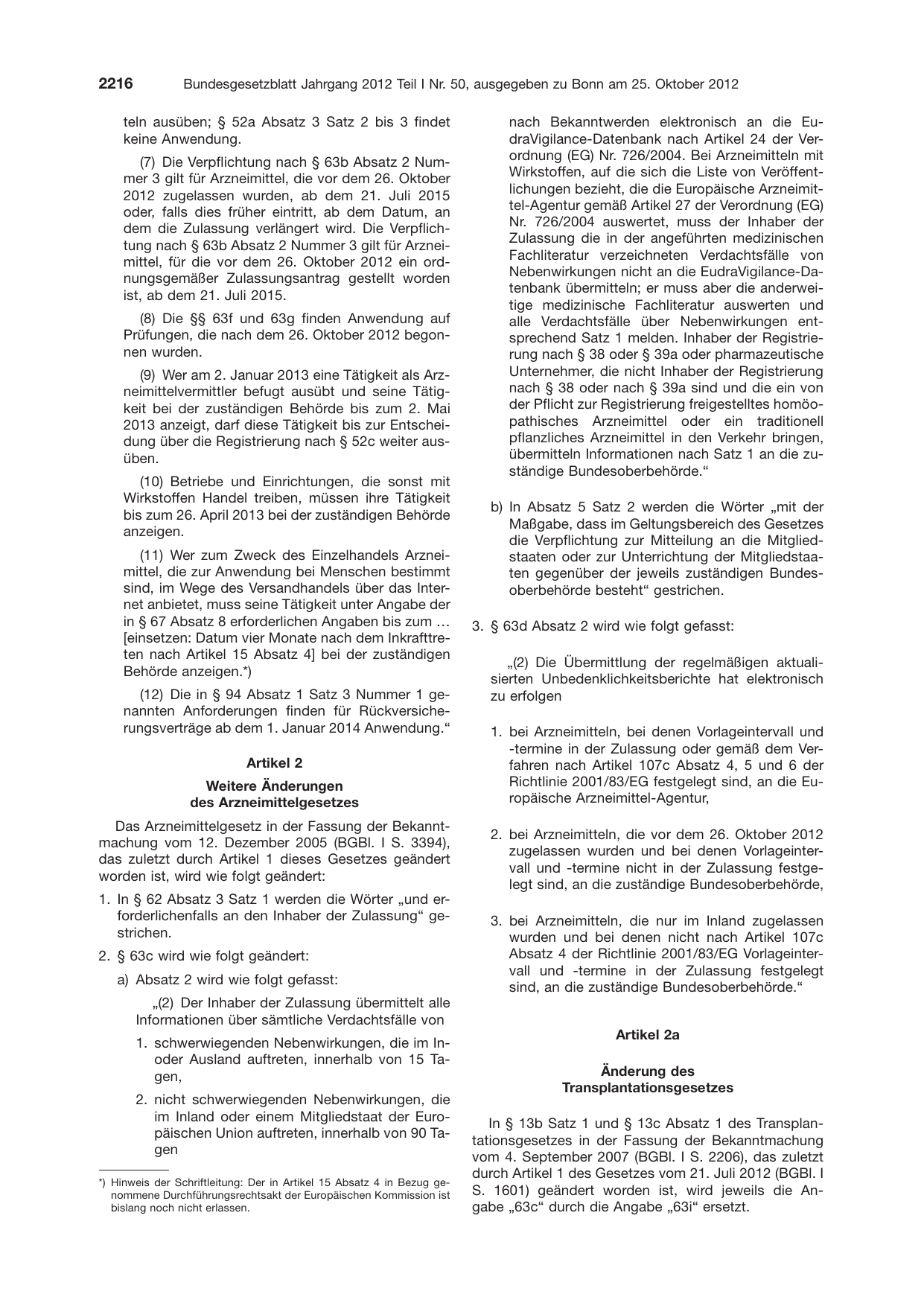 BGBl. 2012, Seite 2216 — Originalseite als Abbildung