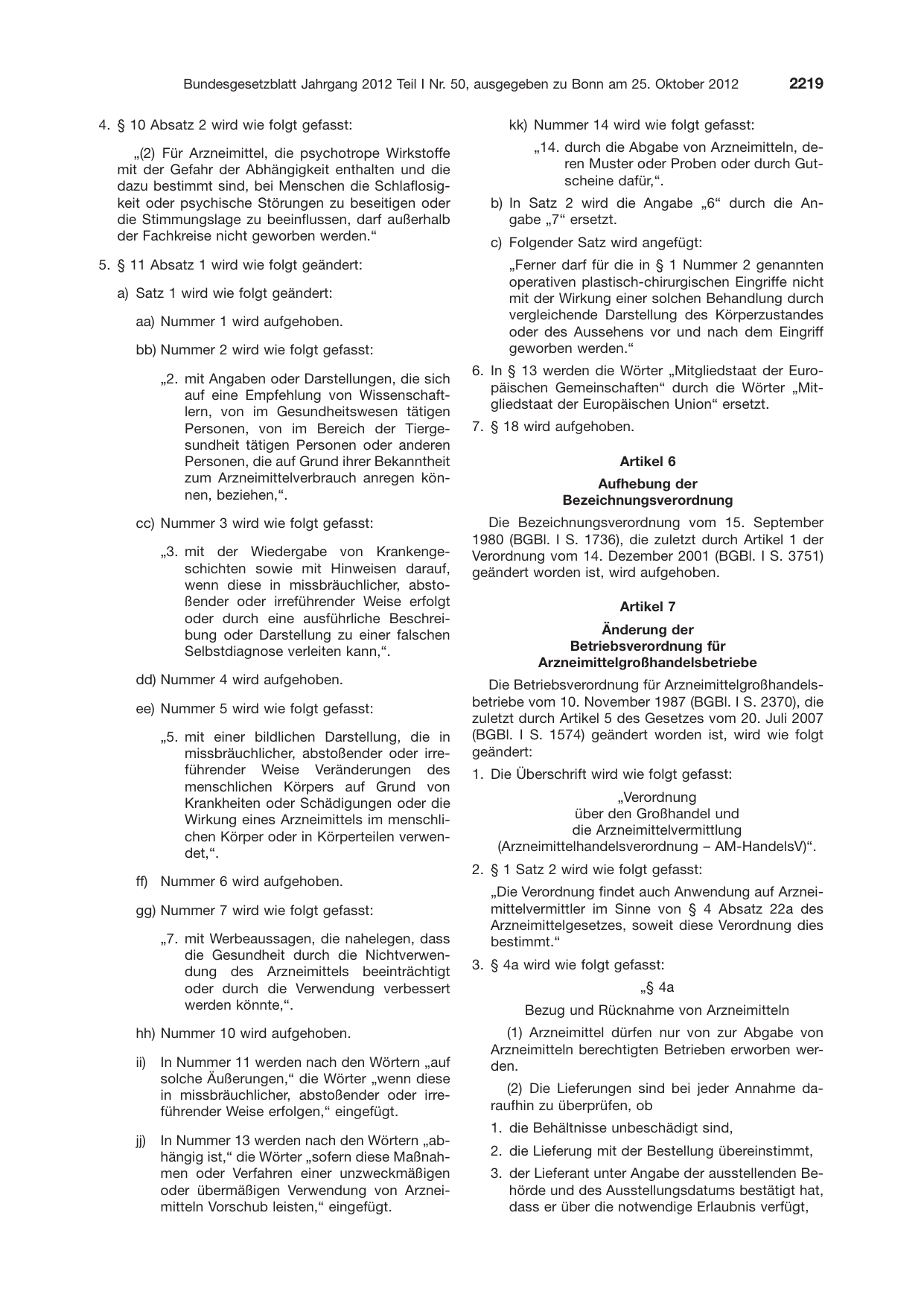 BGBl. 2012, Seite 2219 — Originalseite als Abbildung