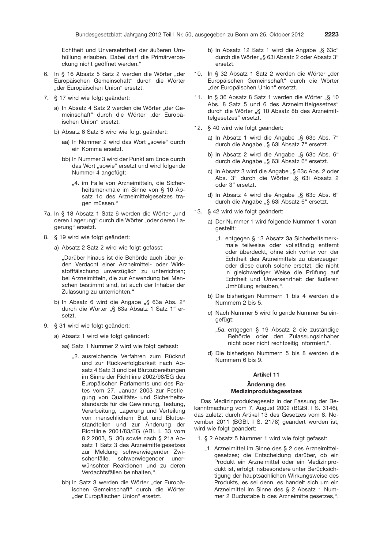 BGBl. 2012, Seite 2223 — Originalseite als Abbildung