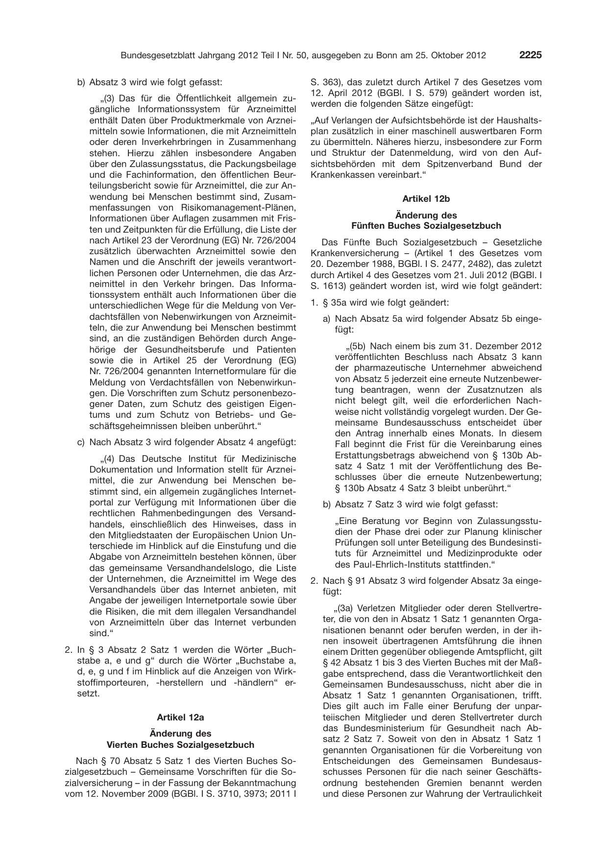 BGBl. 2012, Seite 2225 — Originalseite als Abbildung