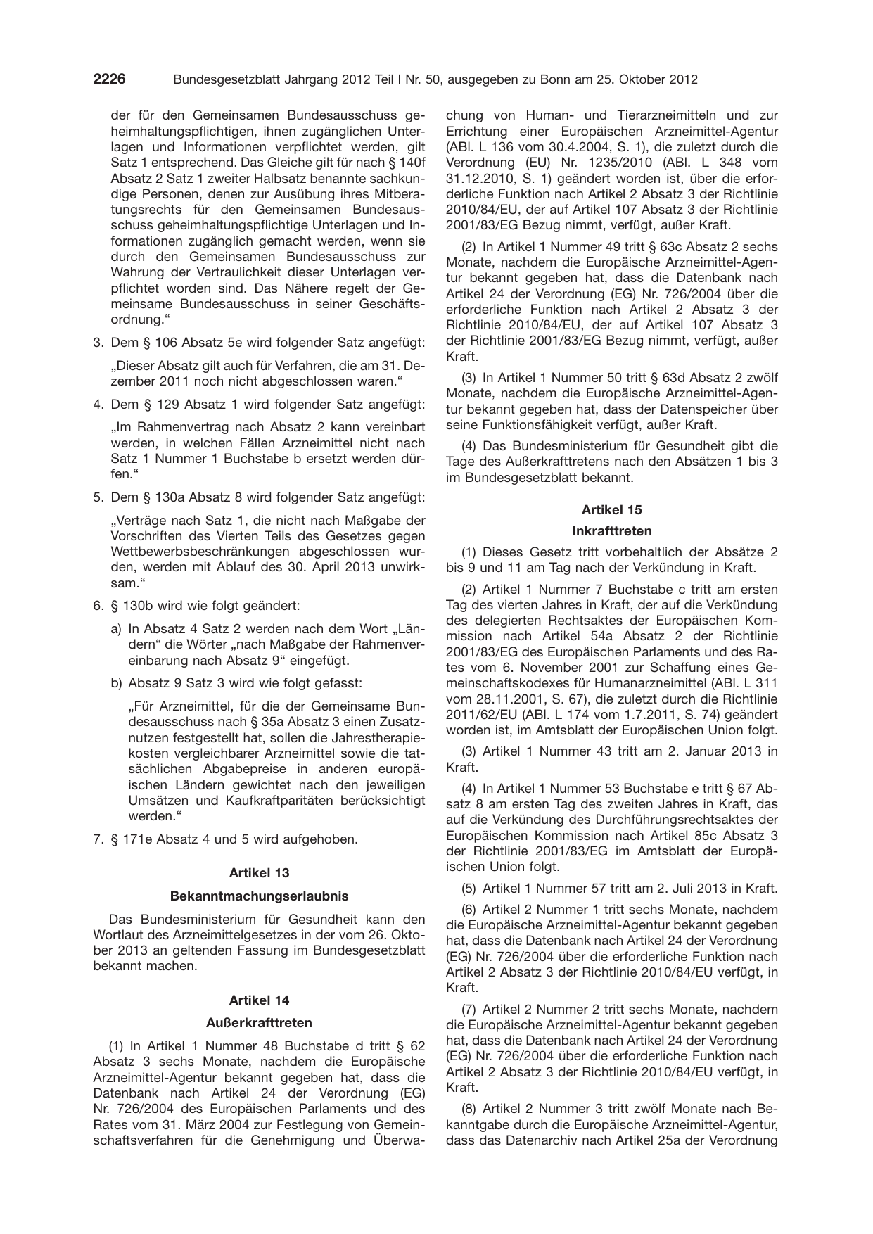 BGBl. 2012, Seite 2226 — Originalseite als Abbildung