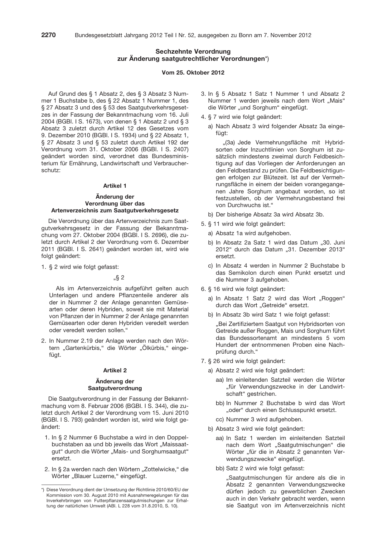 BGBl. 2012, Seite 2270 — Originalseite als Abbildung