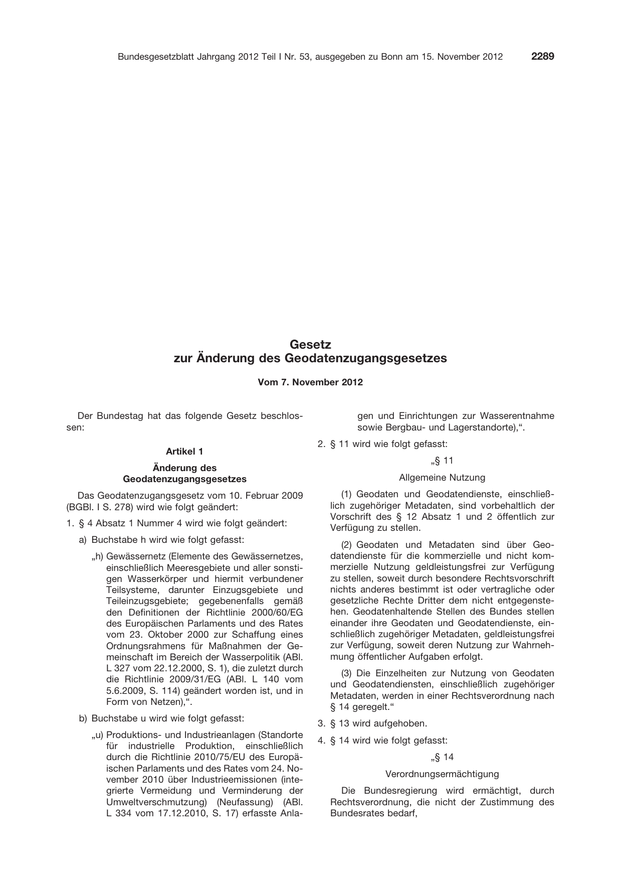 BGBl. 2012, Seite 2289 — Originalseite als Abbildung