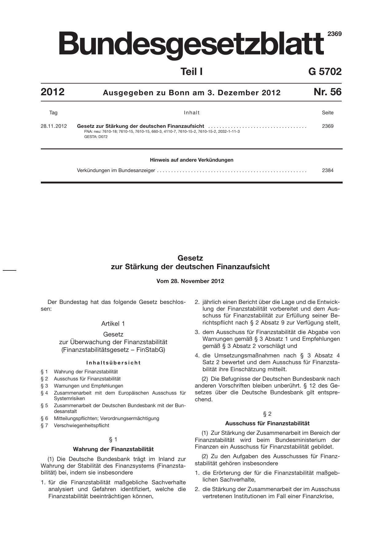 BGBl. 2012, Seite 2369 — Originalseite als Abbildung
