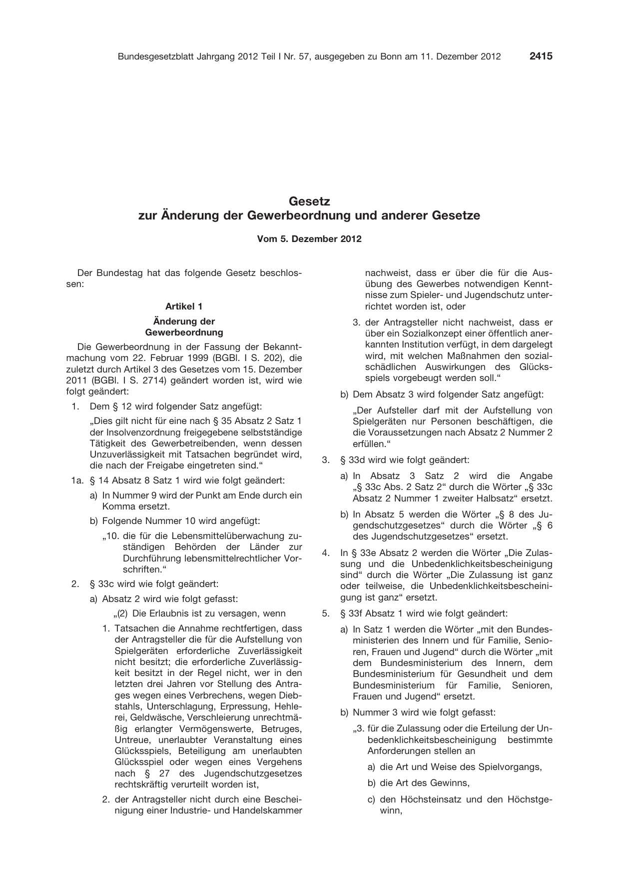 BGBl. 2012, Seite 2415 — Originalseite als Abbildung