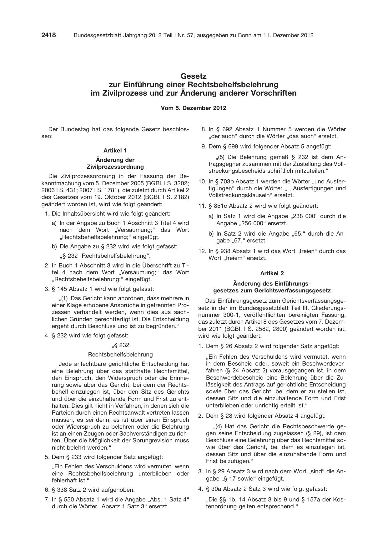 BGBl. 2012, Seite 2418 — Originalseite als Abbildung