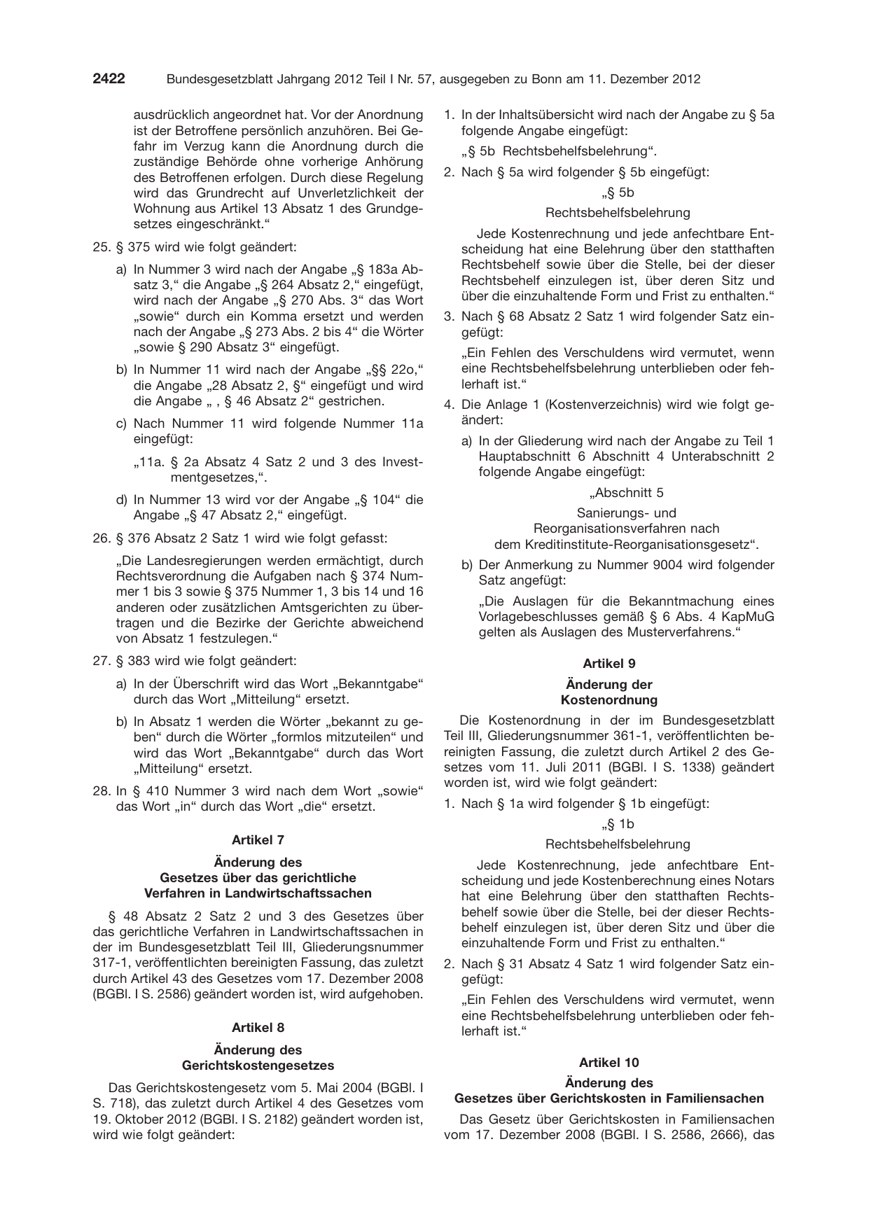 BGBl. 2012, Seite 2422 — Originalseite als Abbildung