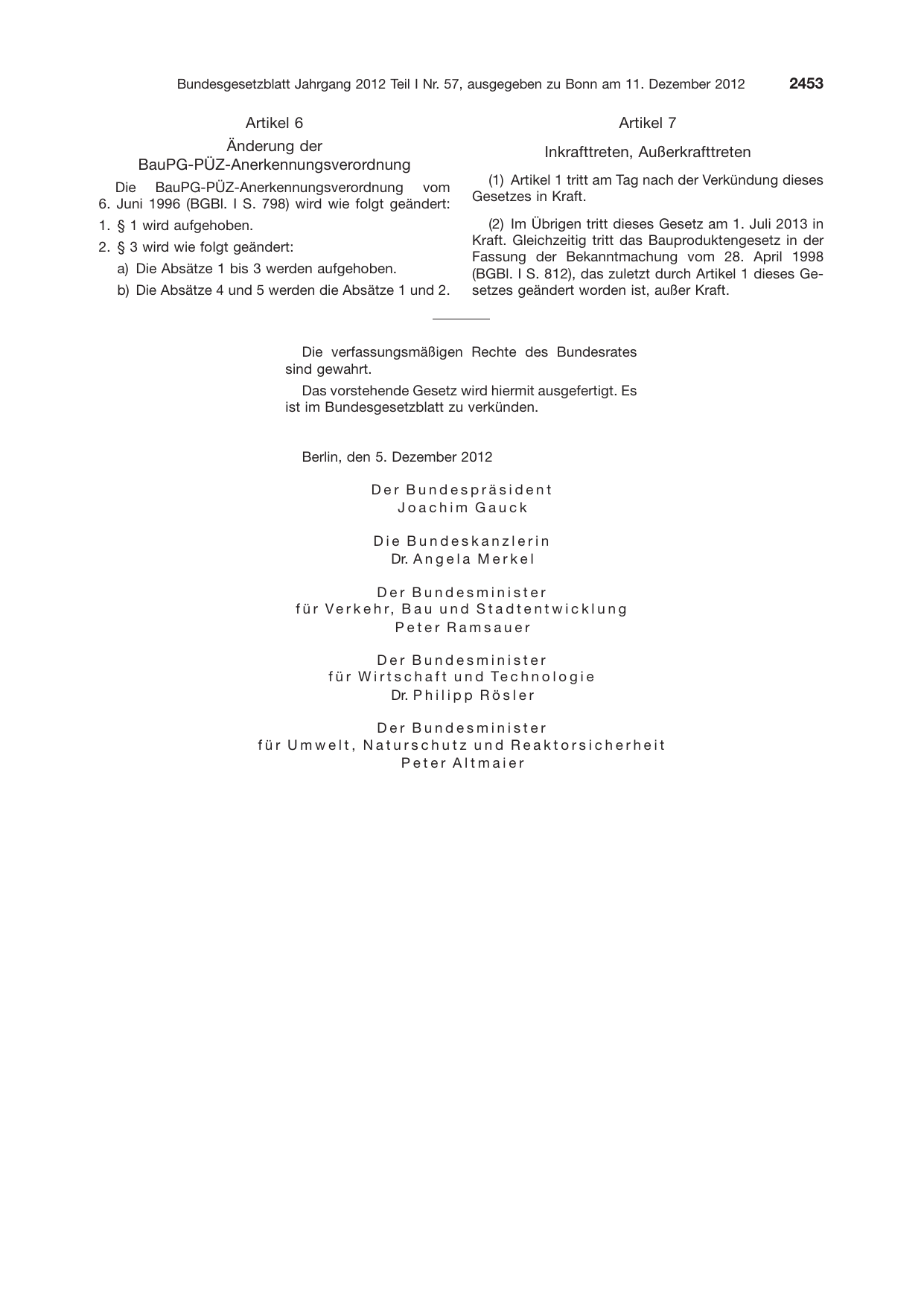 BGBl. 2012, Seite 2453 — Originalseite als Abbildung