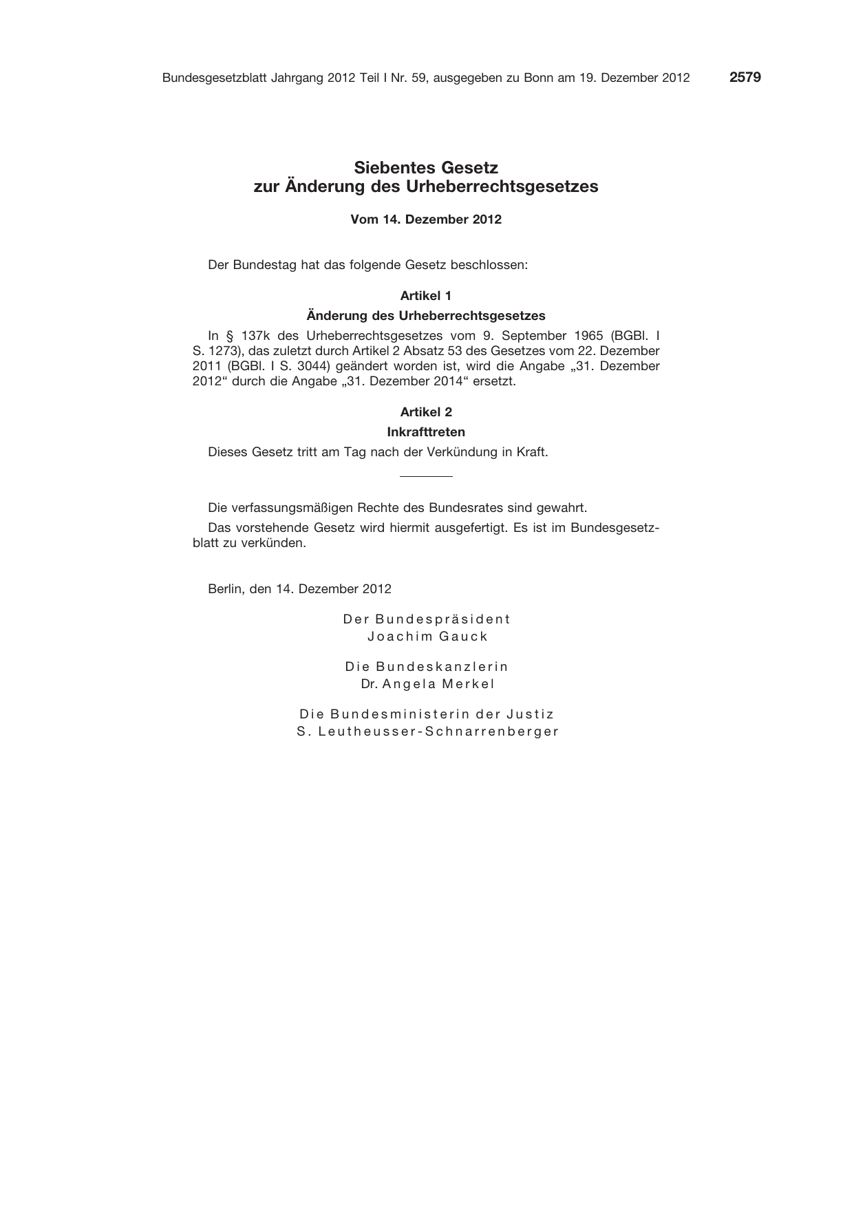BGBl. 2012, Seite 2579 — Originalseite als Abbildung
