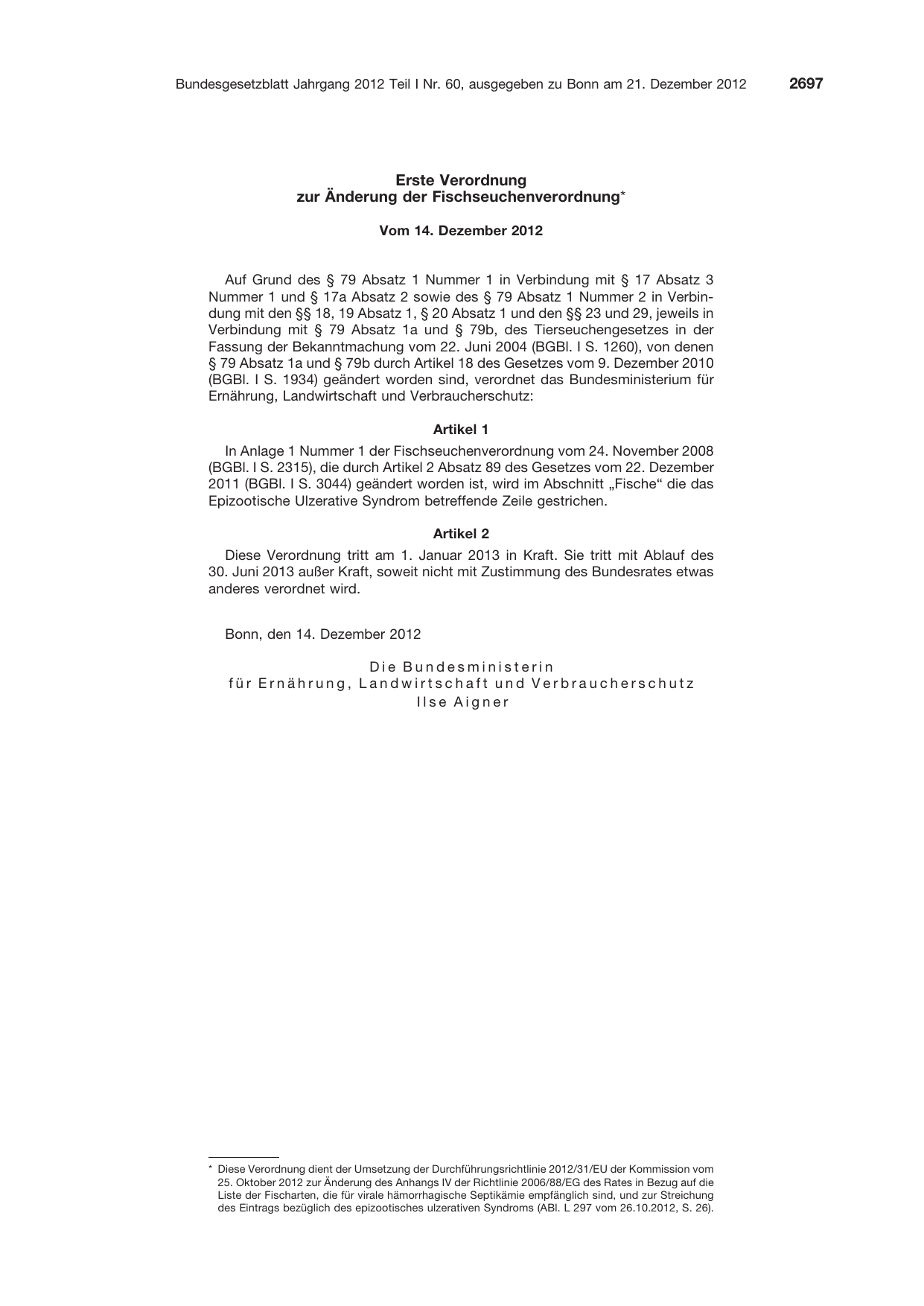 BGBl. 2012, Seite 2697 — Originalseite als Abbildung