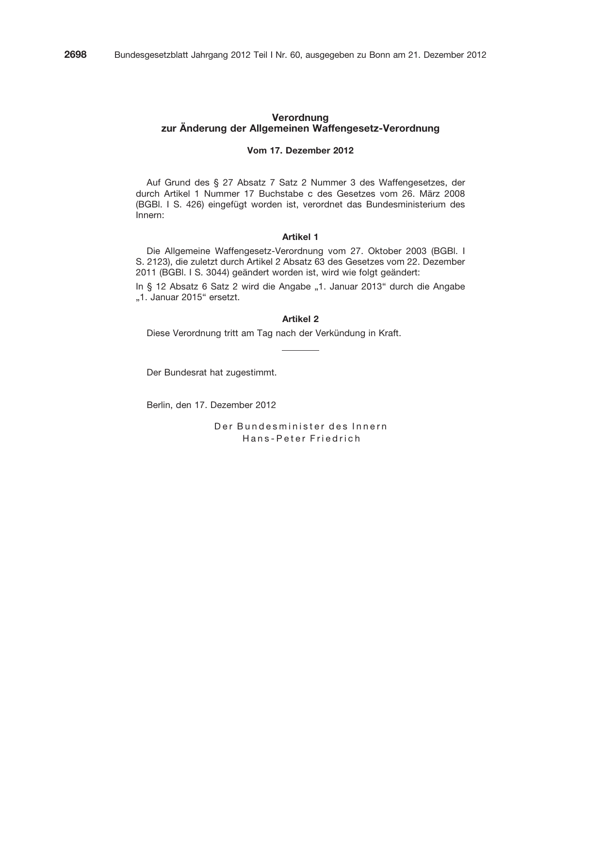 BGBl. 2012, Seite 2698 — Originalseite als Abbildung