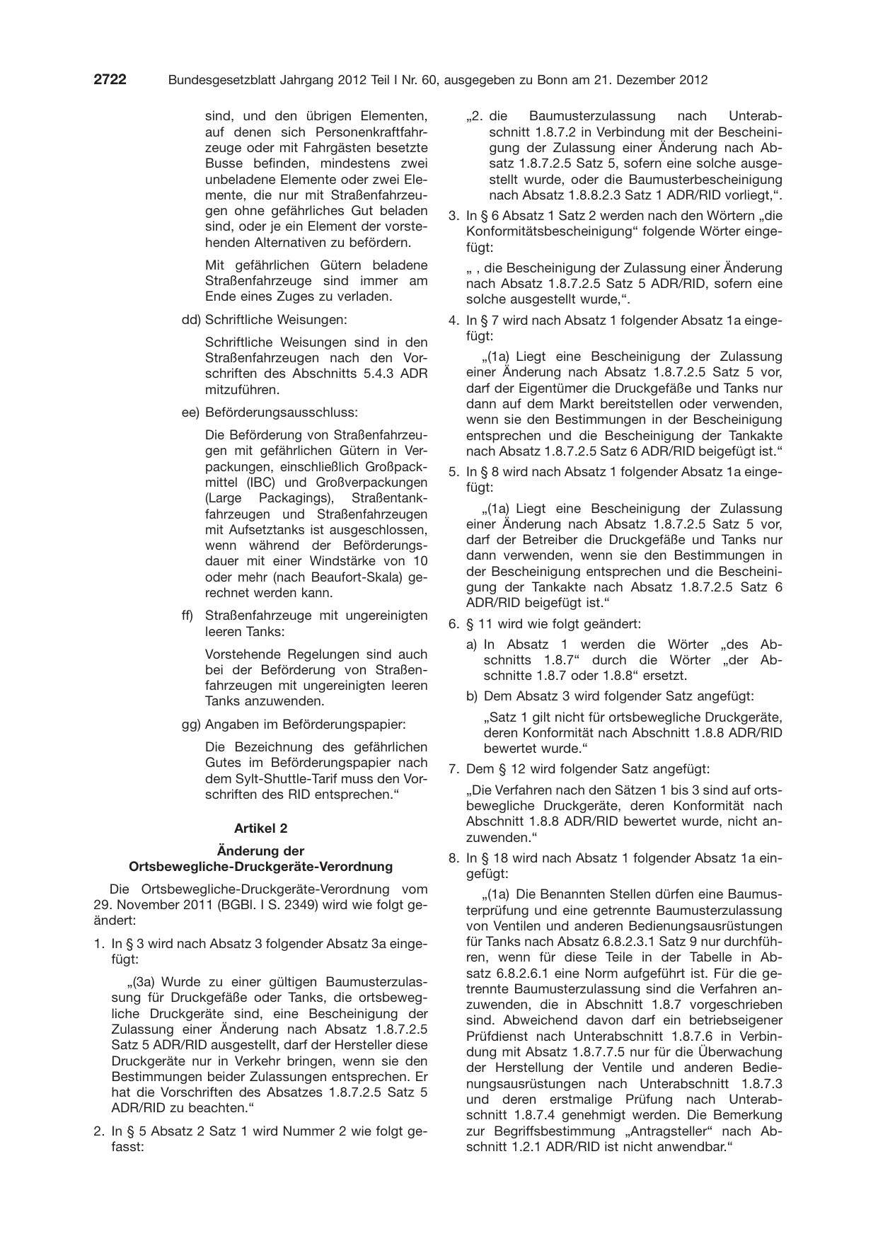 BGBl. 2012, Seite 2722 — Originalseite als Abbildung