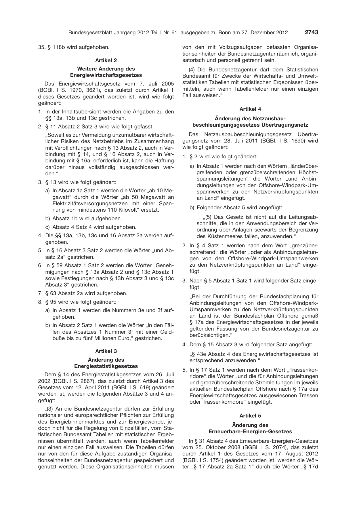 BGBl. 2012, Seite 2743 — Originalseite als Abbildung