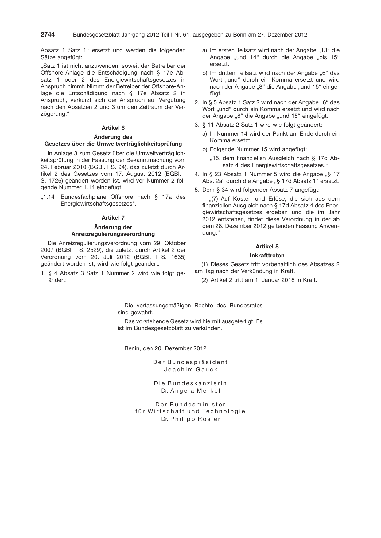 BGBl. 2012, Seite 2744 — Originalseite als Abbildung