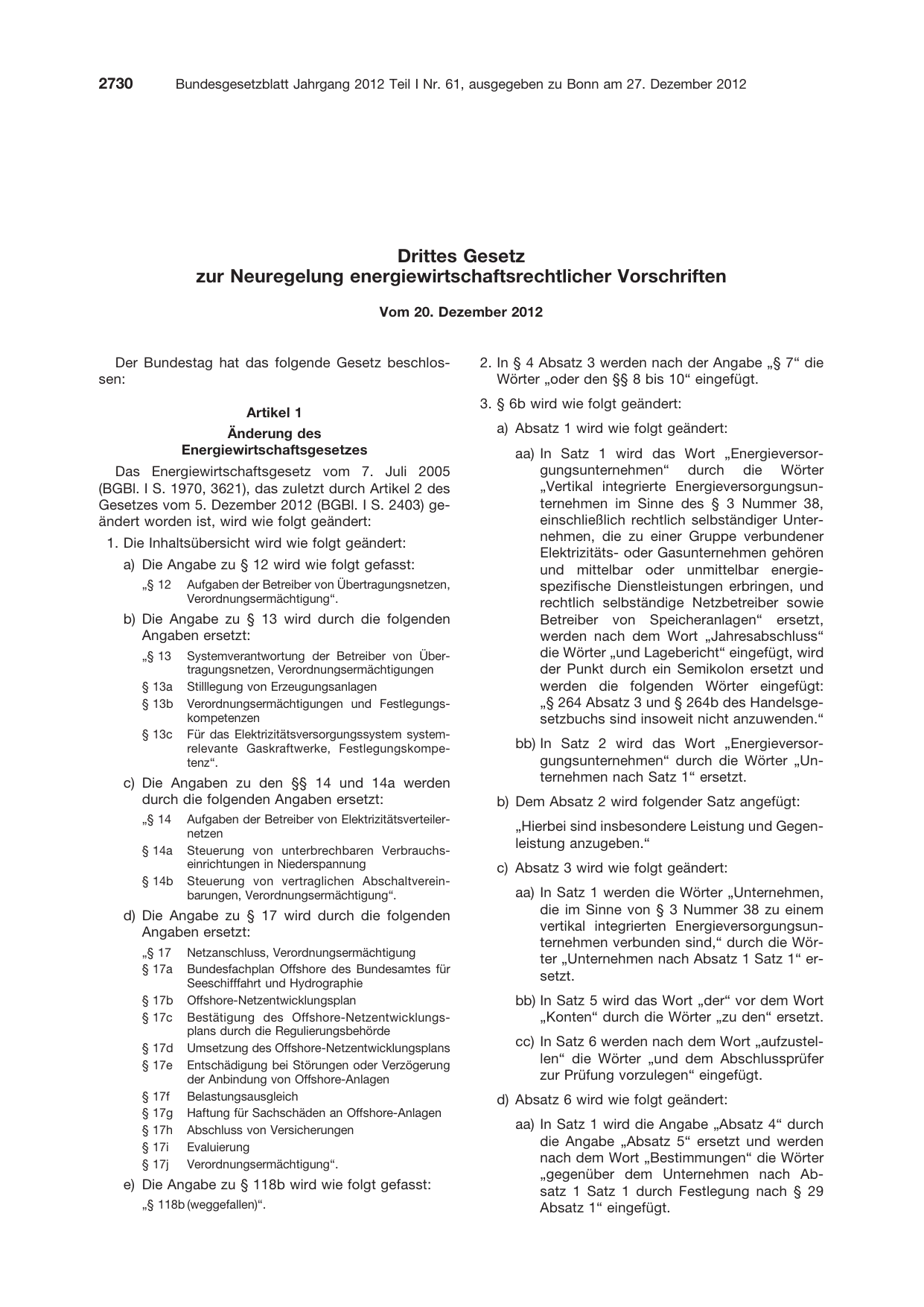 BGBl. 2012, Seite 2730 — Originalseite als Abbildung