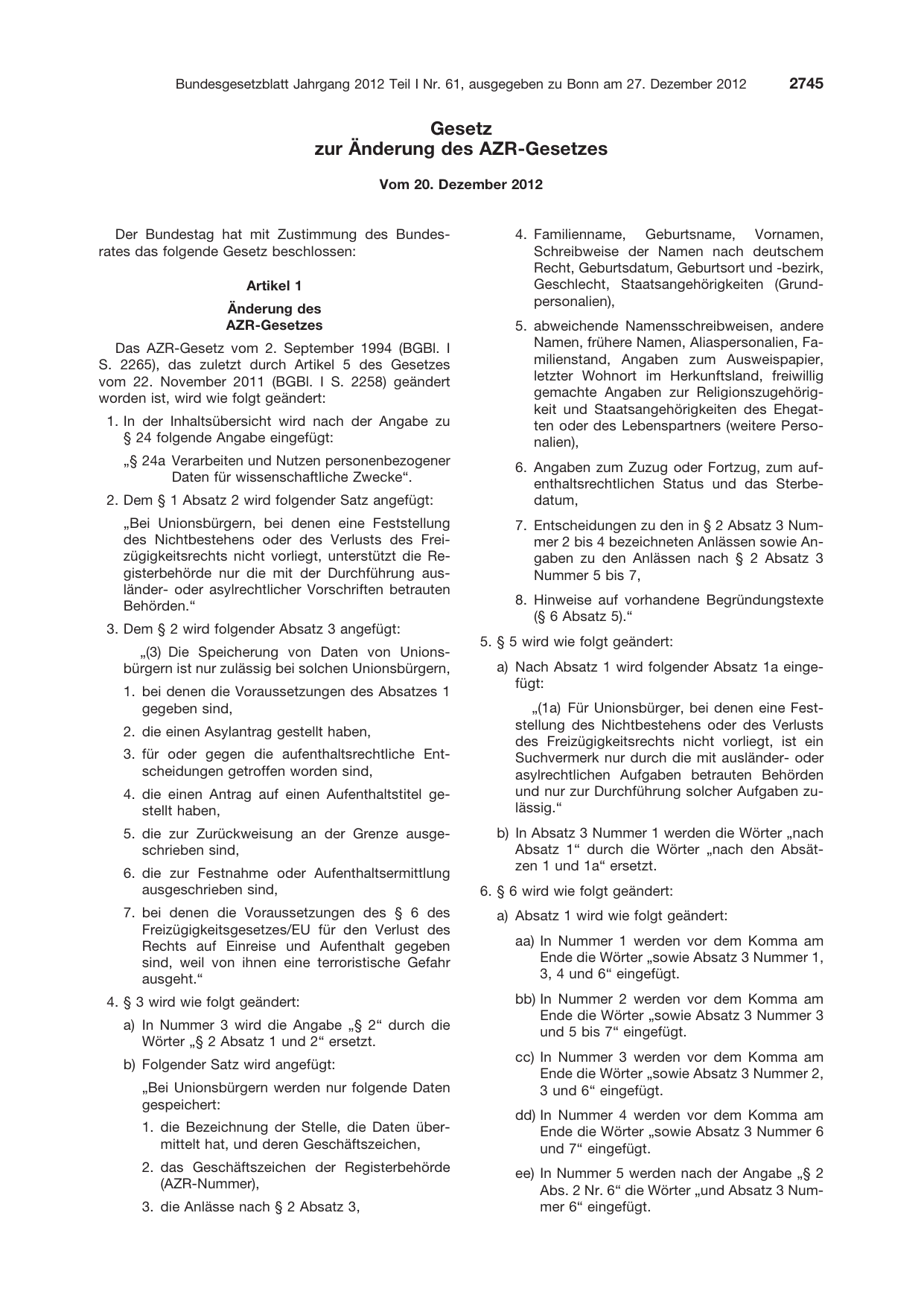 BGBl. 2012, Seite 2745 — Originalseite als Abbildung